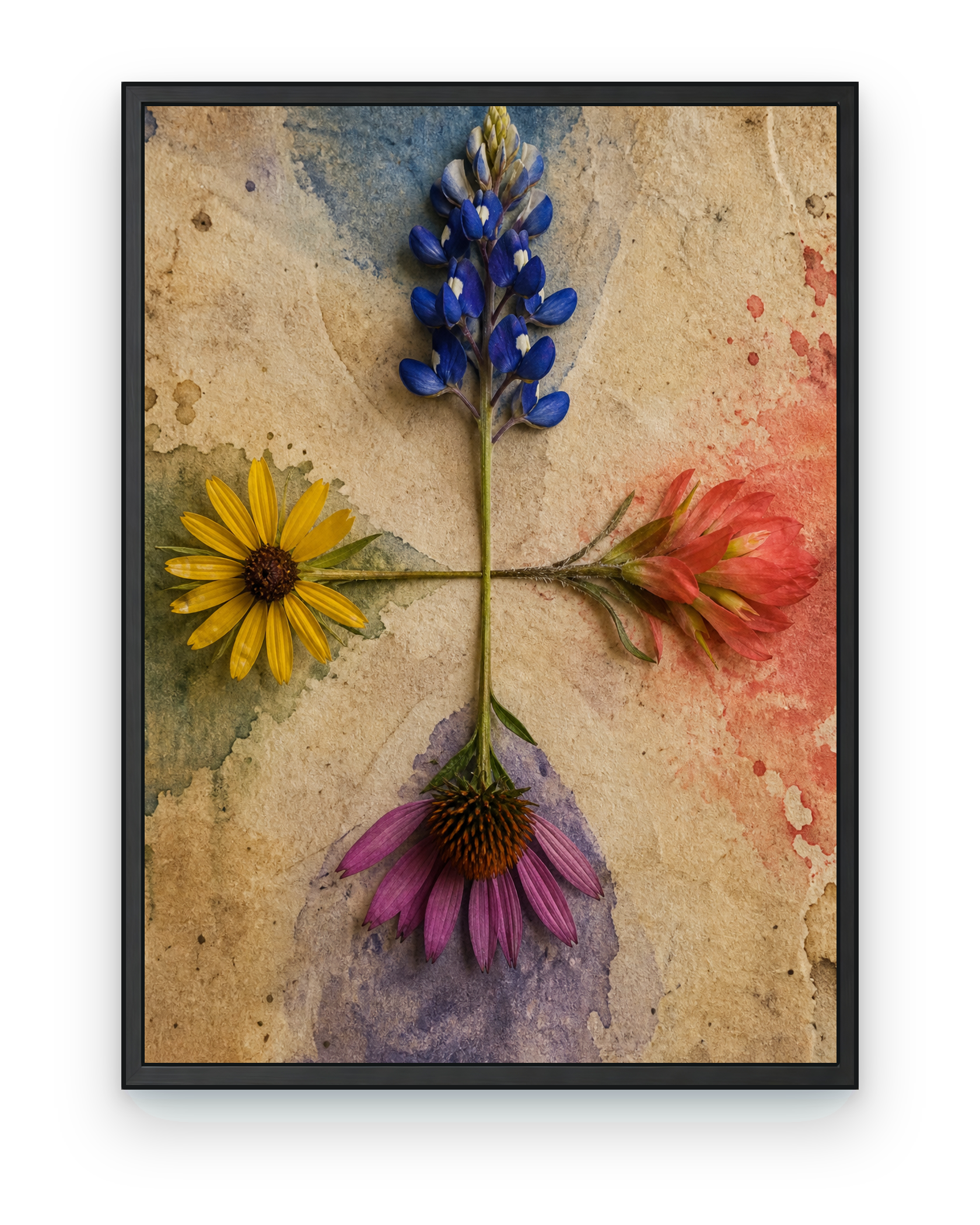 Portrait botanical wall art showing four blue, coral, yellow, and purple wildflowers meeting at one central stem junction on weathered parchment.