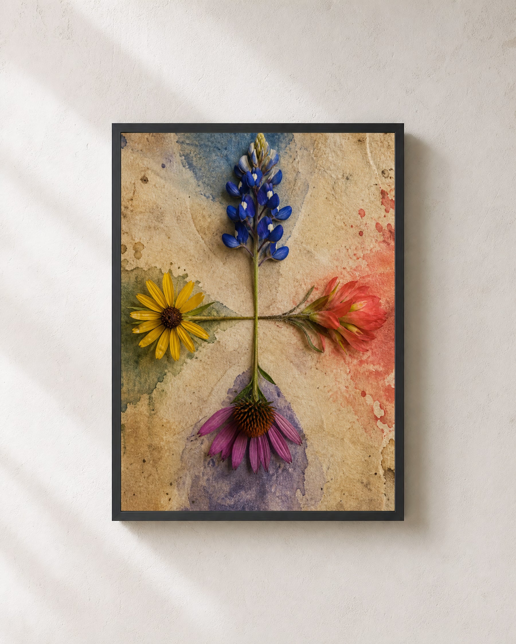 Portrait botanical wall art showing four blue, coral, yellow, and purple wildflowers meeting at one central stem junction on weathered parchment.