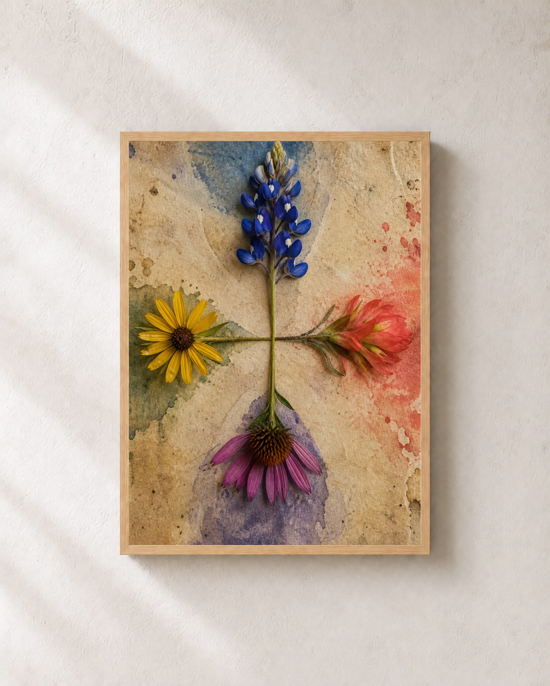 Portrait botanical wall art showing four blue, coral, yellow, and purple wildflowers meeting at one central stem junction on weathered parchment.