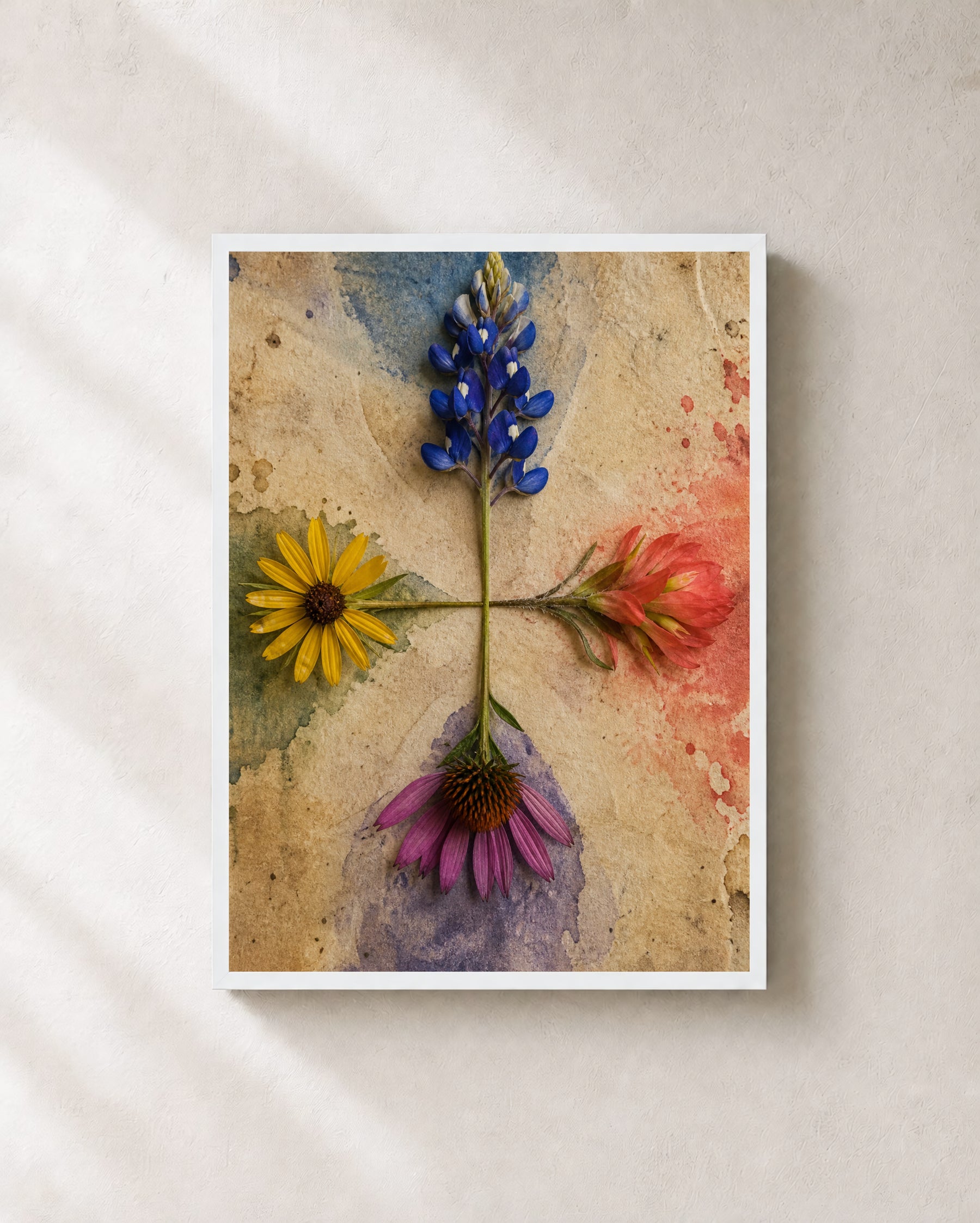Portrait botanical wall art showing four blue, coral, yellow, and purple wildflowers meeting at one central stem junction on weathered parchment.