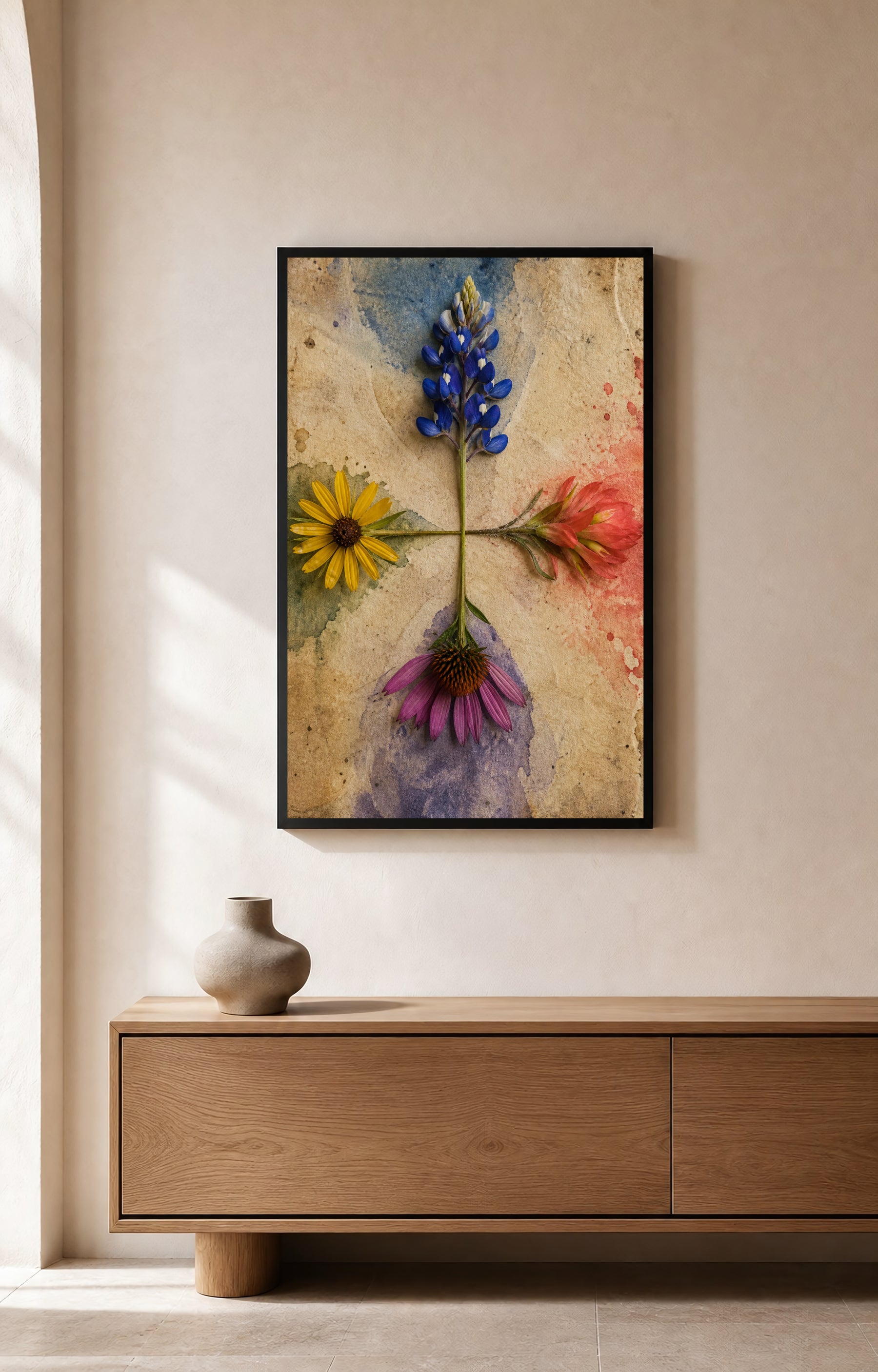 Portrait botanical wall art showing four blue, coral, yellow, and purple wildflowers meeting at one central stem junction on weathered parchment.