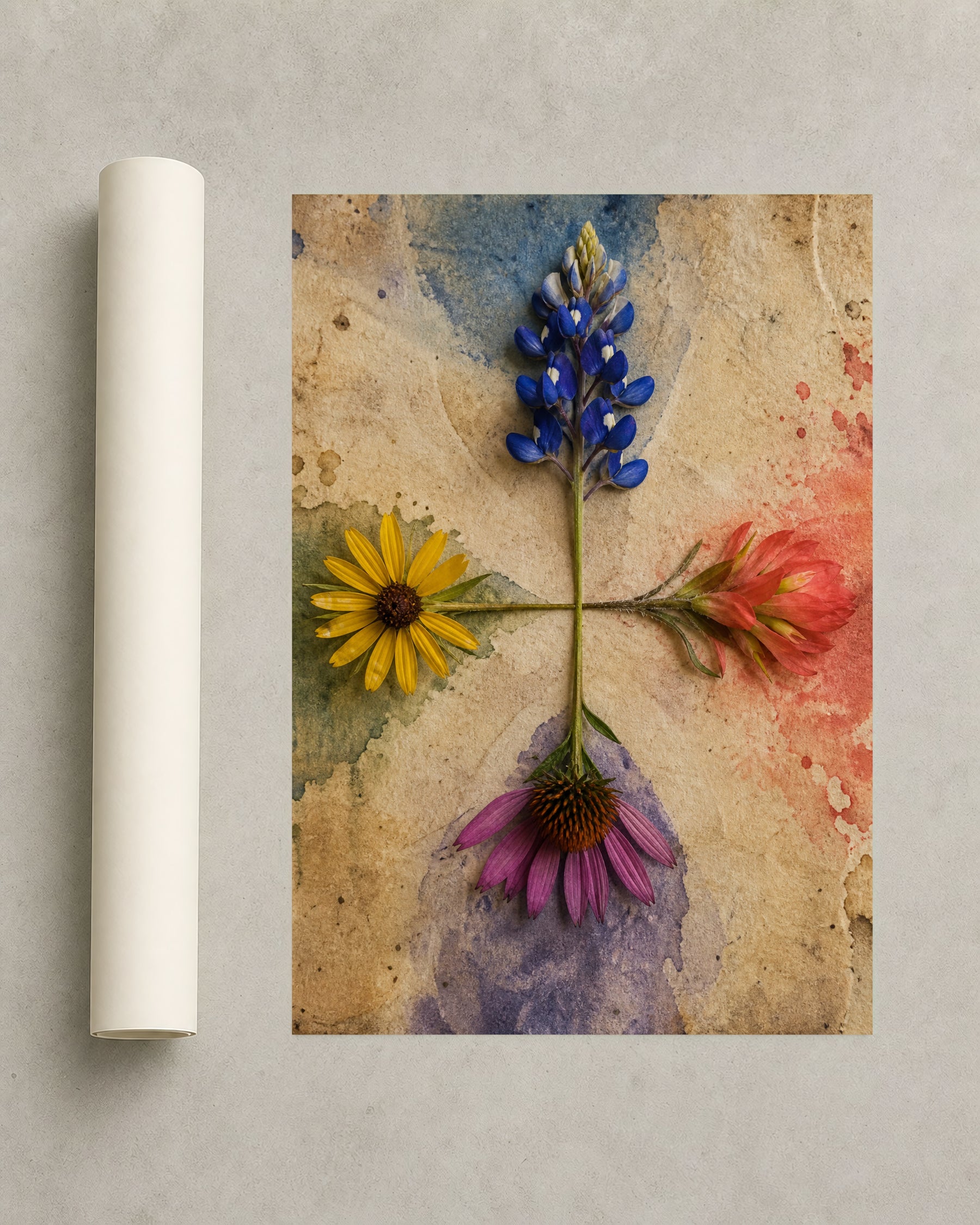 Portrait botanical wall art showing four blue, coral, yellow, and purple wildflowers meeting at one central stem junction on weathered parchment.