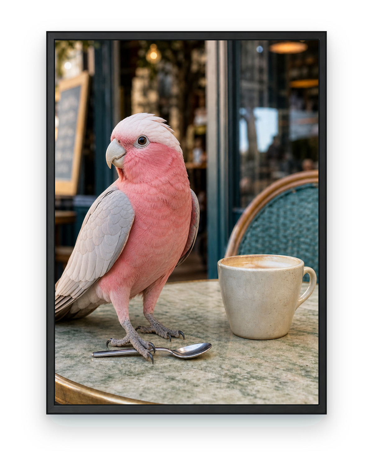 The Café Regular pink galah café wall art in a black frame