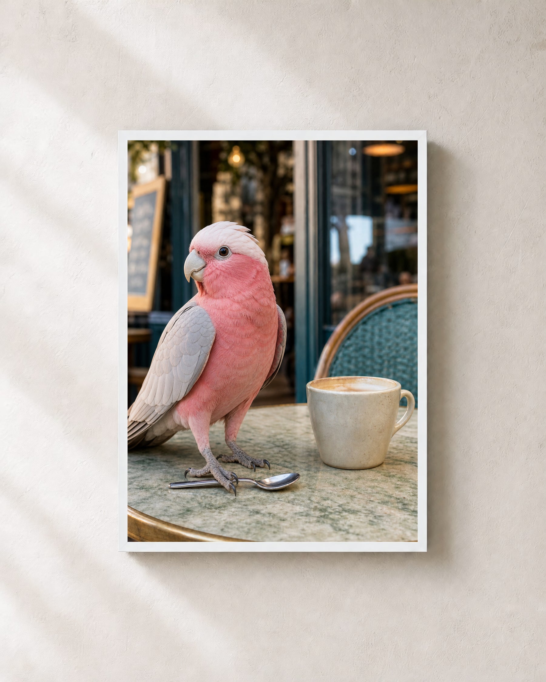The Café Regular pink galah art print with a white frame