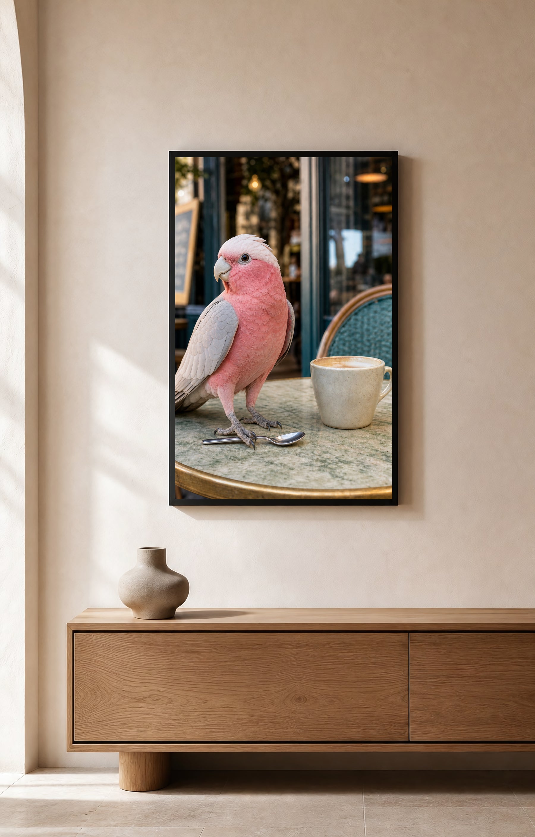 The Café Regular pink galah art print styled in a café-inspired room