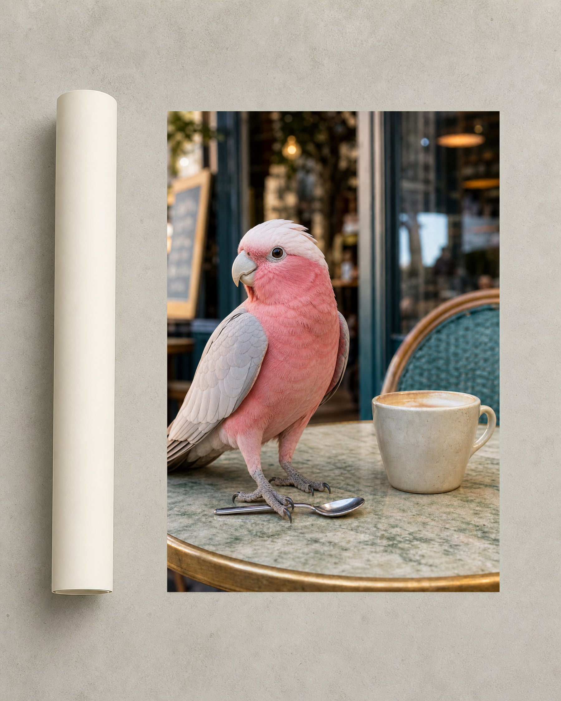 The Café Regular pink parrot artwork shown as a rolled art print