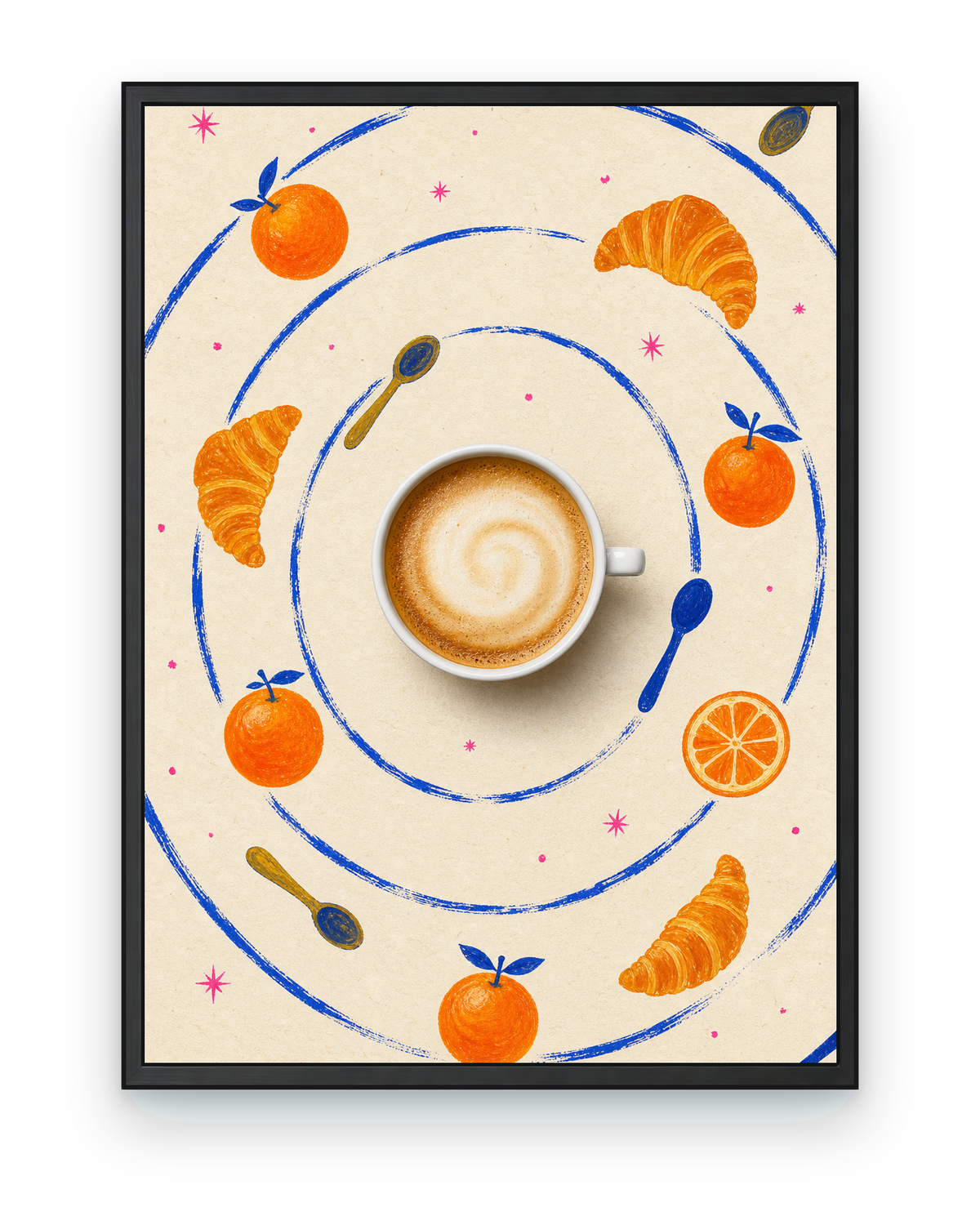 Coffee Planet art print in a black frame on a transparent catalog background.