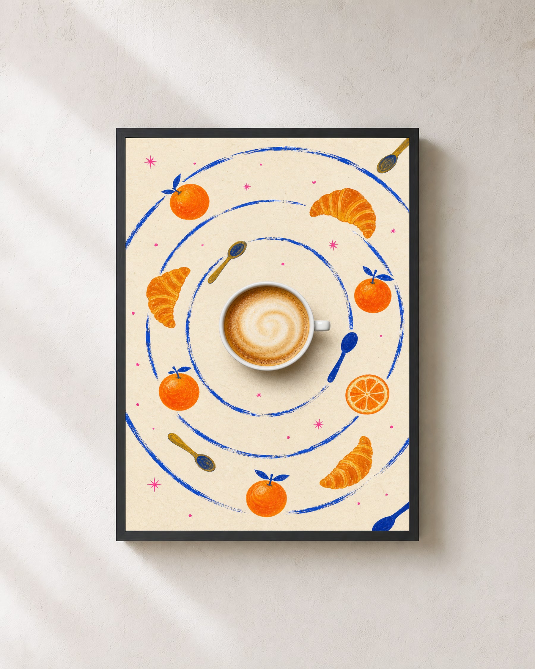 Coffee Planet art print in a black frame.