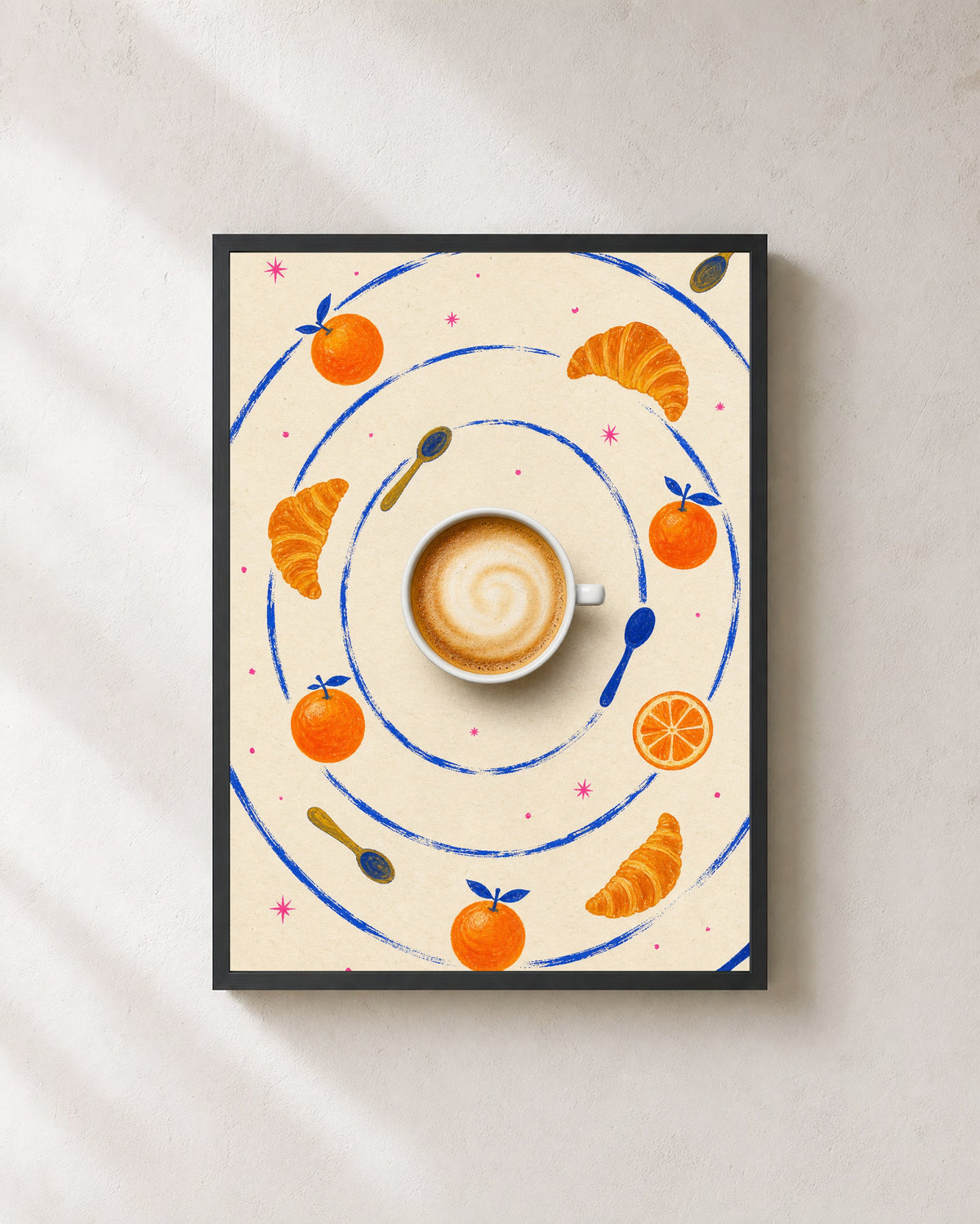 Coffee Planet art print in a black frame.