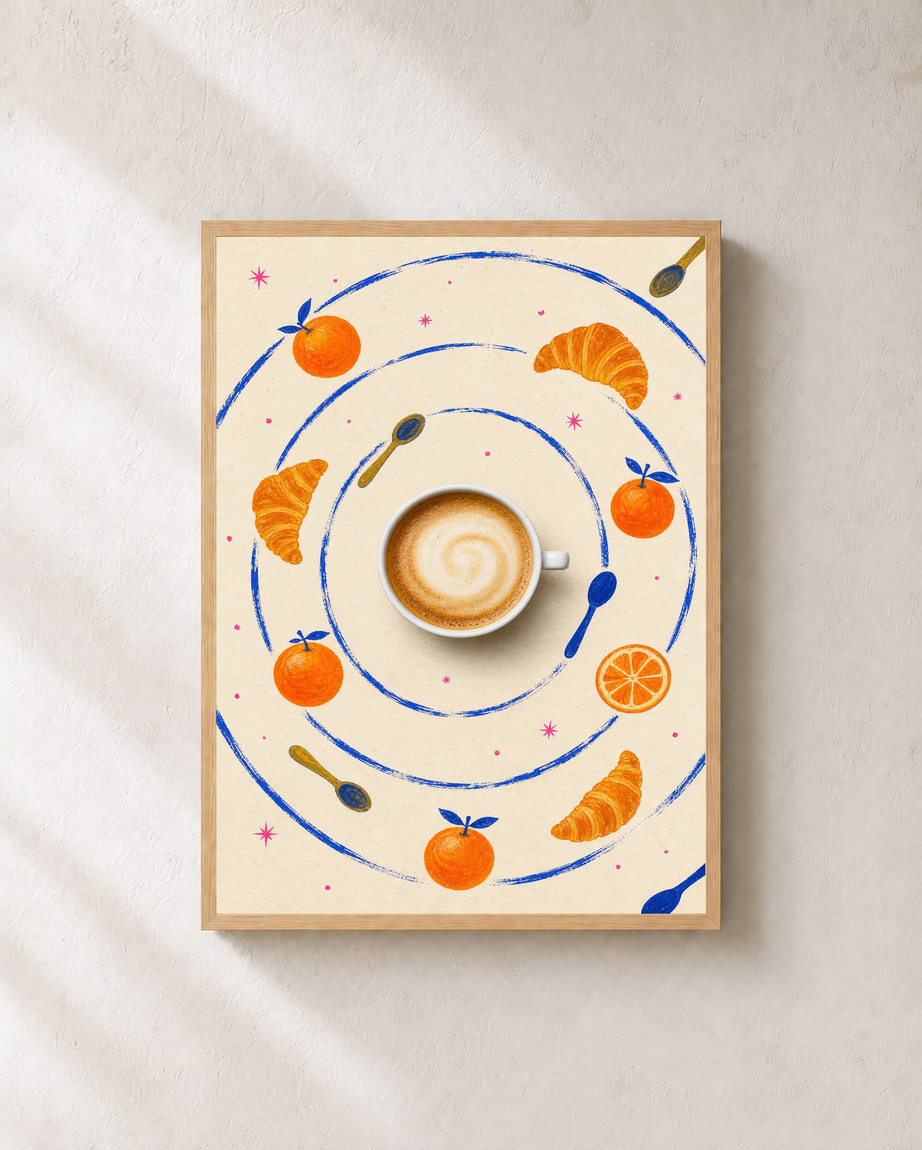Coffee Planet art print in a light oak frame.