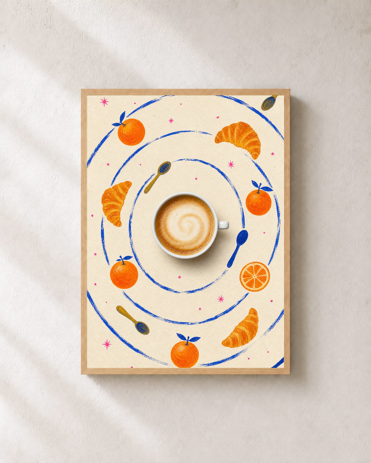 Coffee Planet art print in a light oak frame.