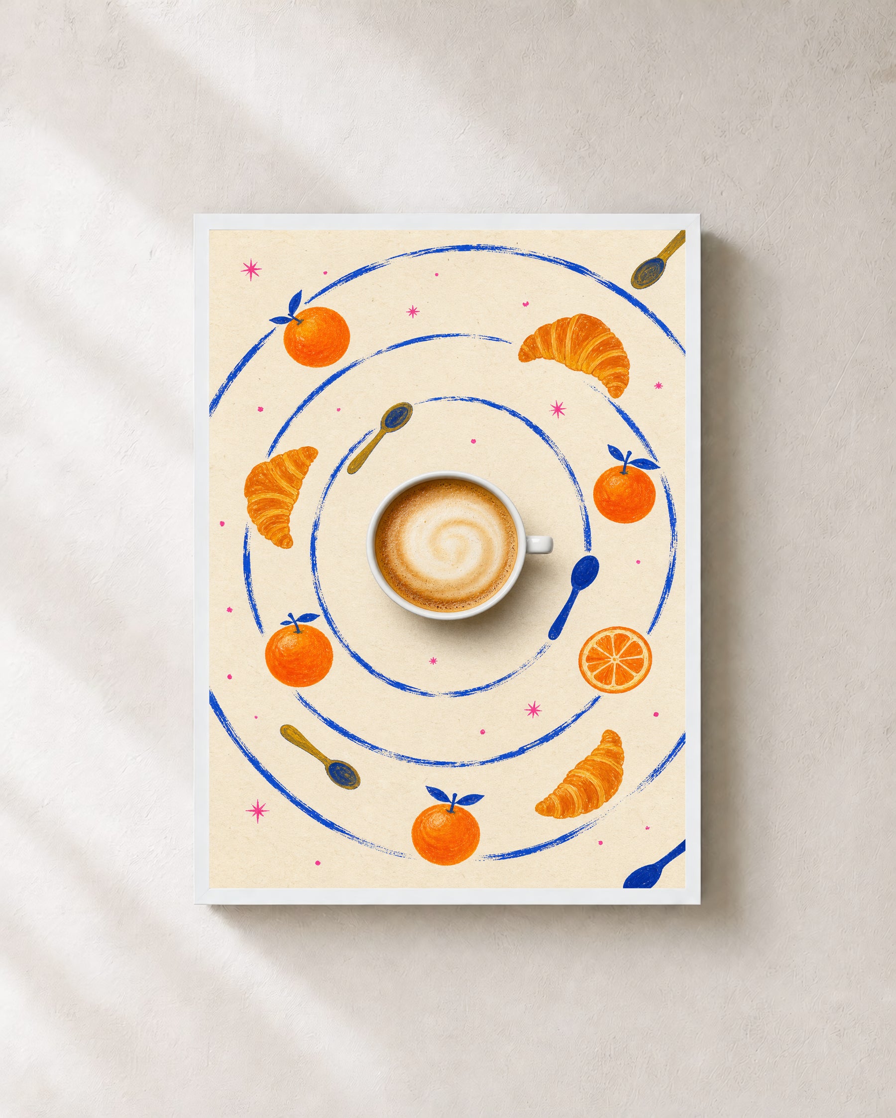 Coffee Planet art print in a white frame.