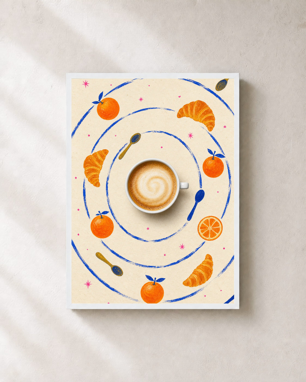 Coffee Planet art print in a white frame.
