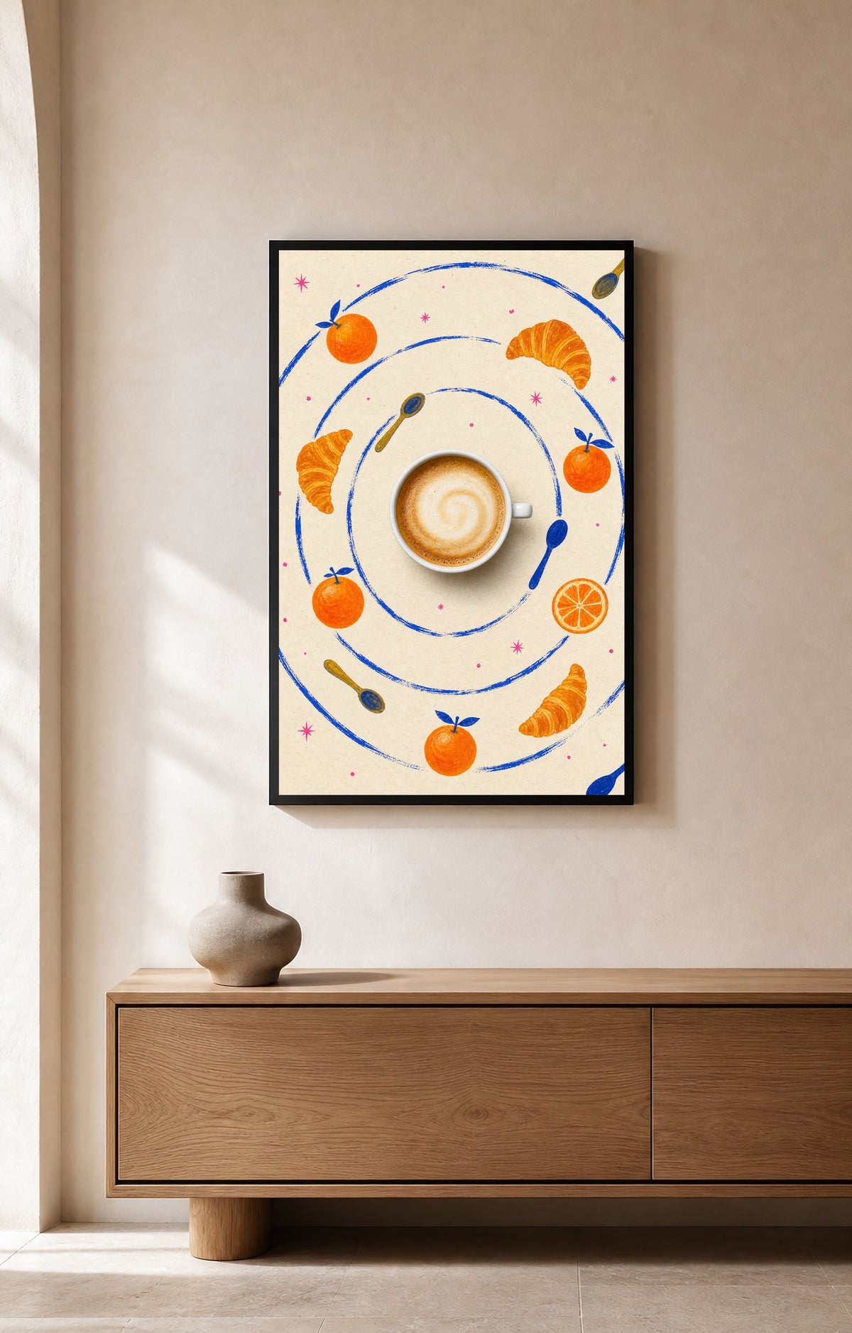 Coffee Planet framed on a warm neutral wall above a wood console.