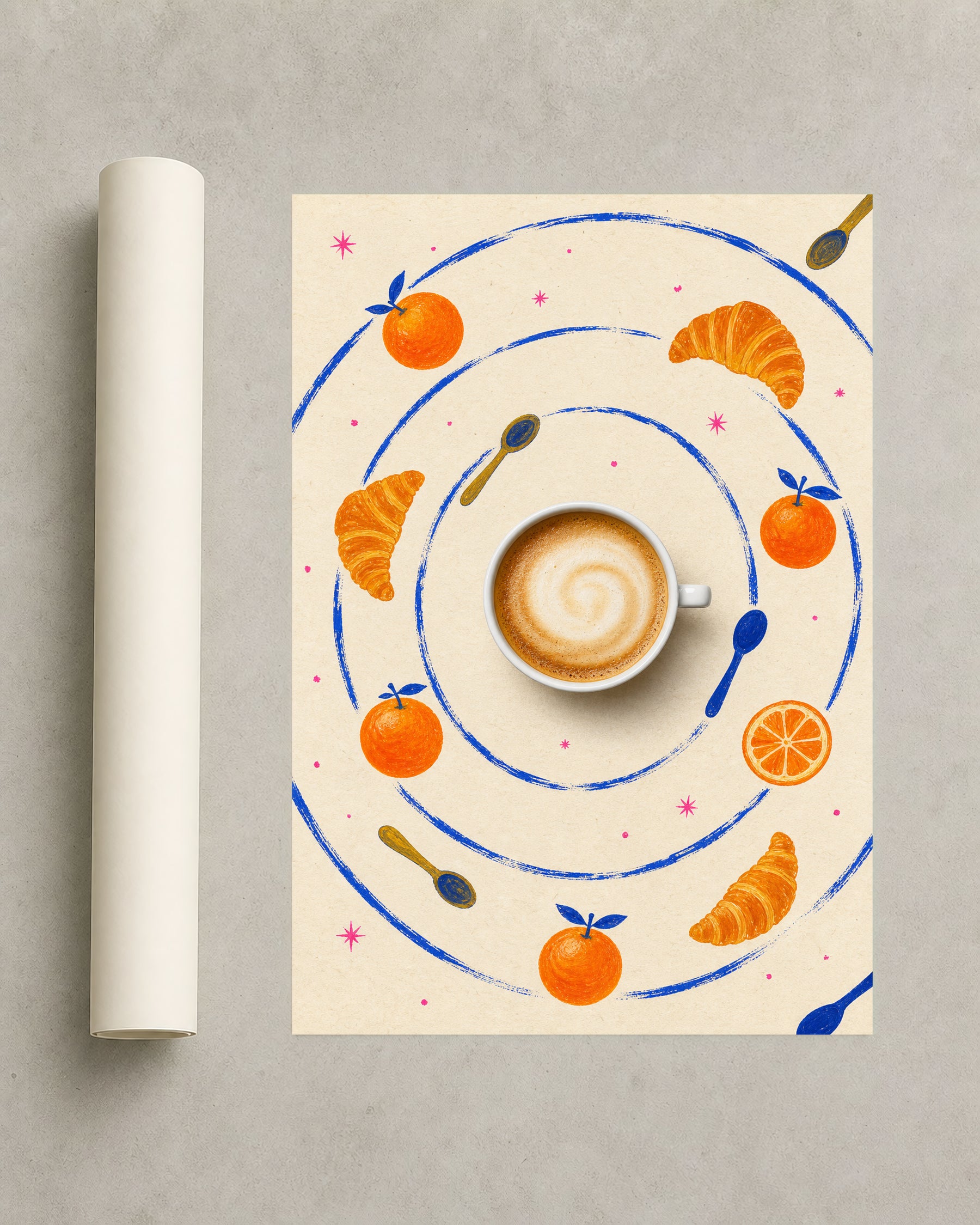Coffee Planet frameless art print displayed beside a rolled print.