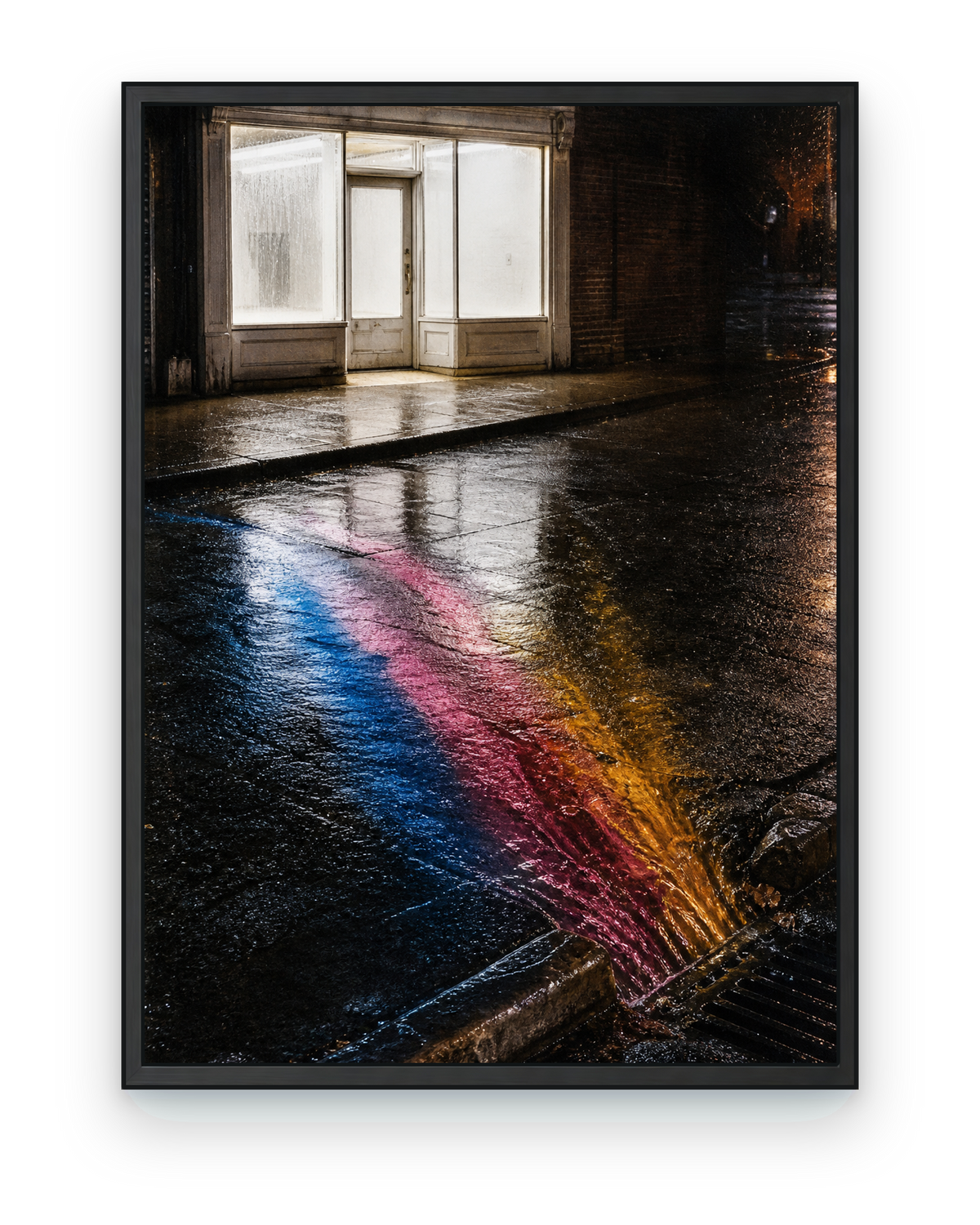 Framed Corner Store After the Storm rainy neon wall art feature image.