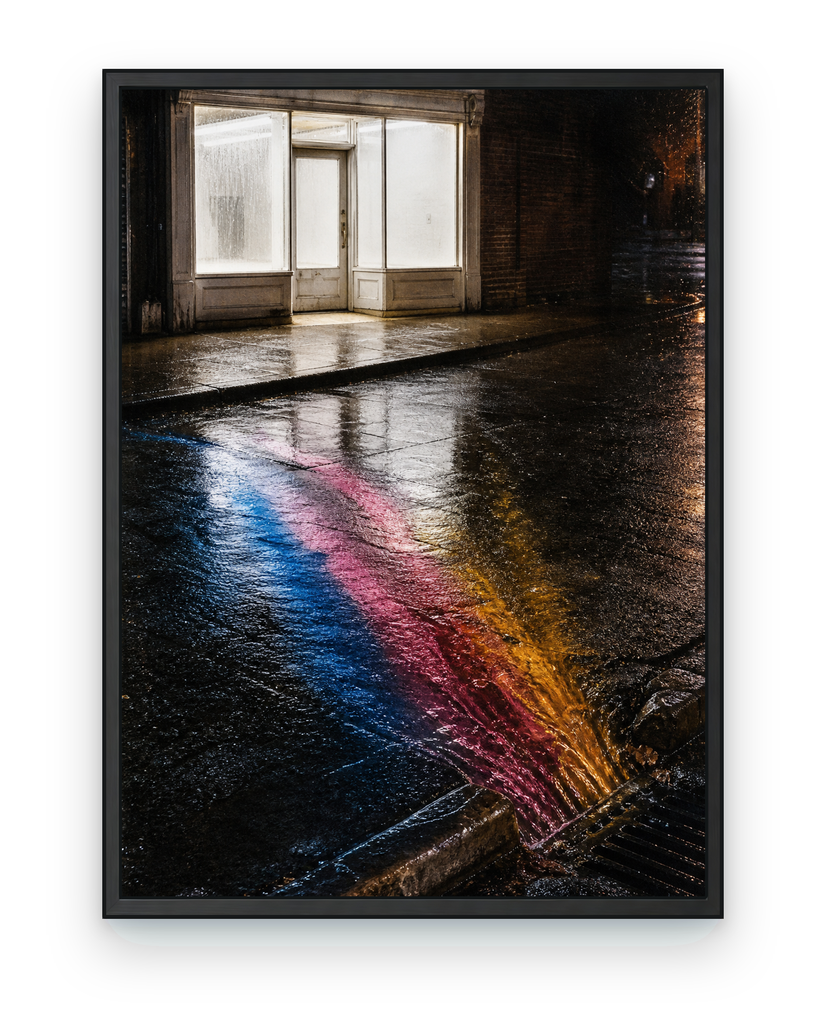Framed Corner Store After the Storm rainy neon wall art feature image.