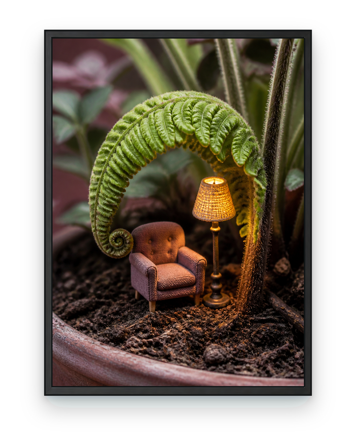 Fernlight Reading Nook Botanical Wall Art - black frame on transparent background