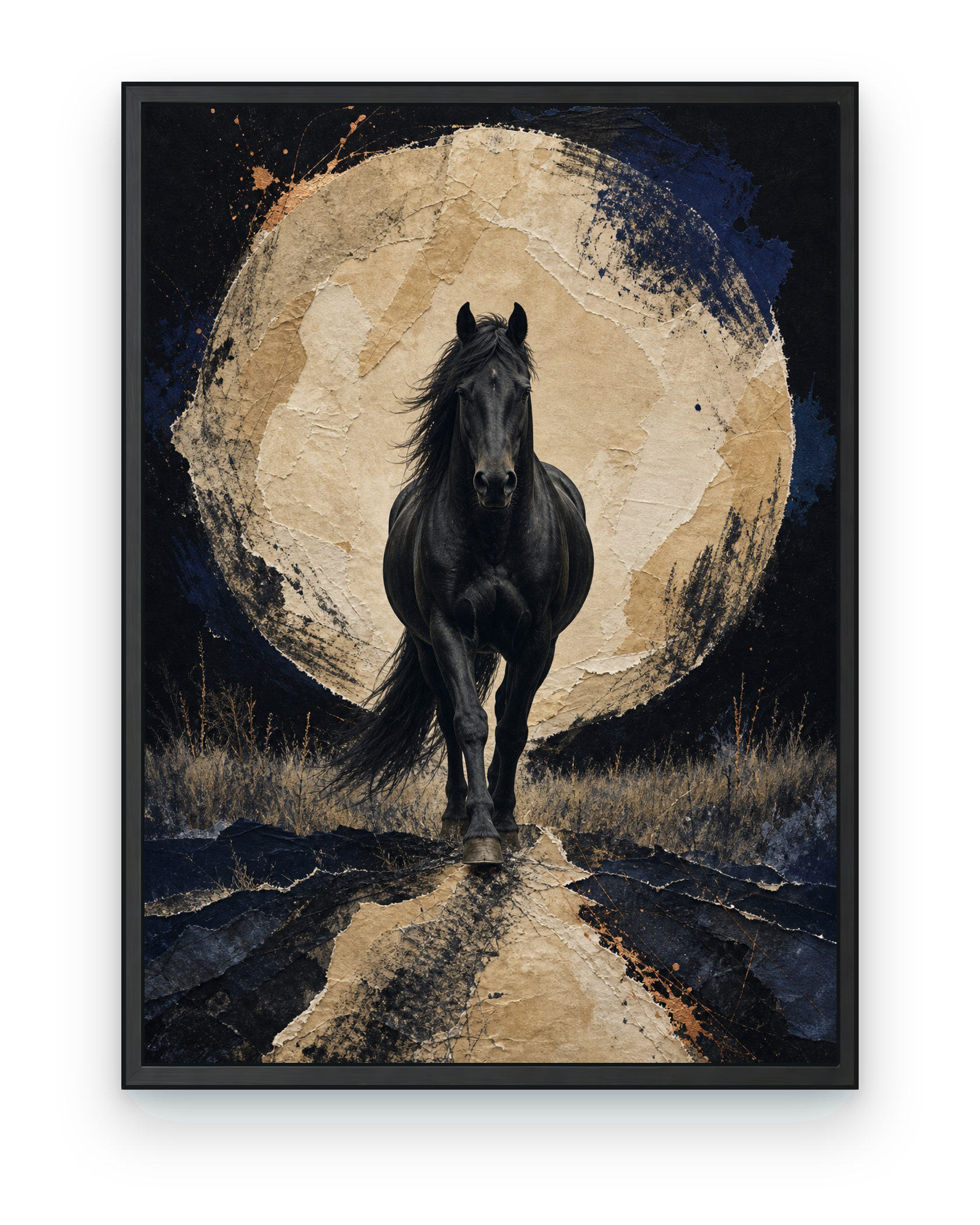 Night Horse, Paper Moon - Black Horse Art Print