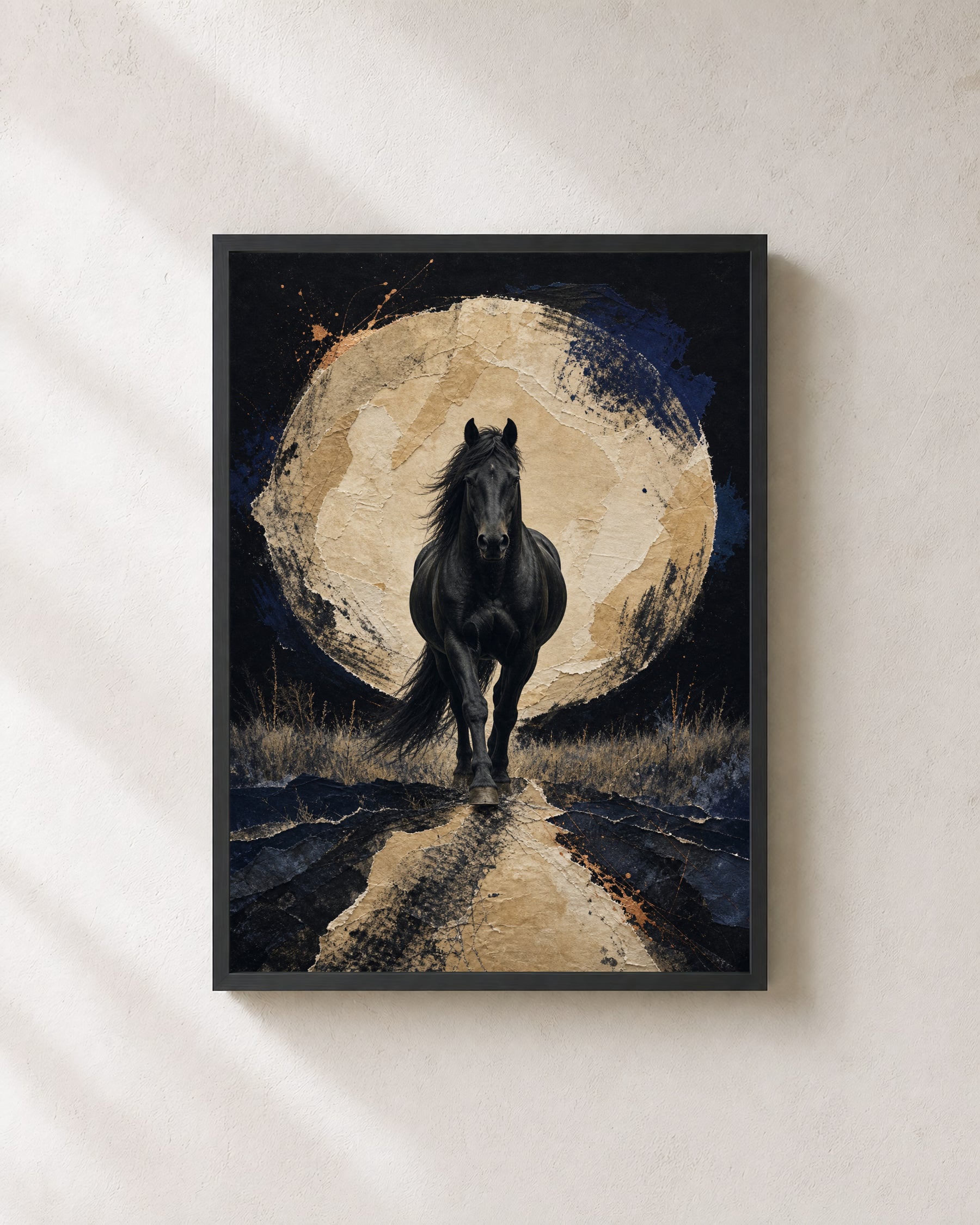 Night Horse, Paper Moon - Black Horse Art Print