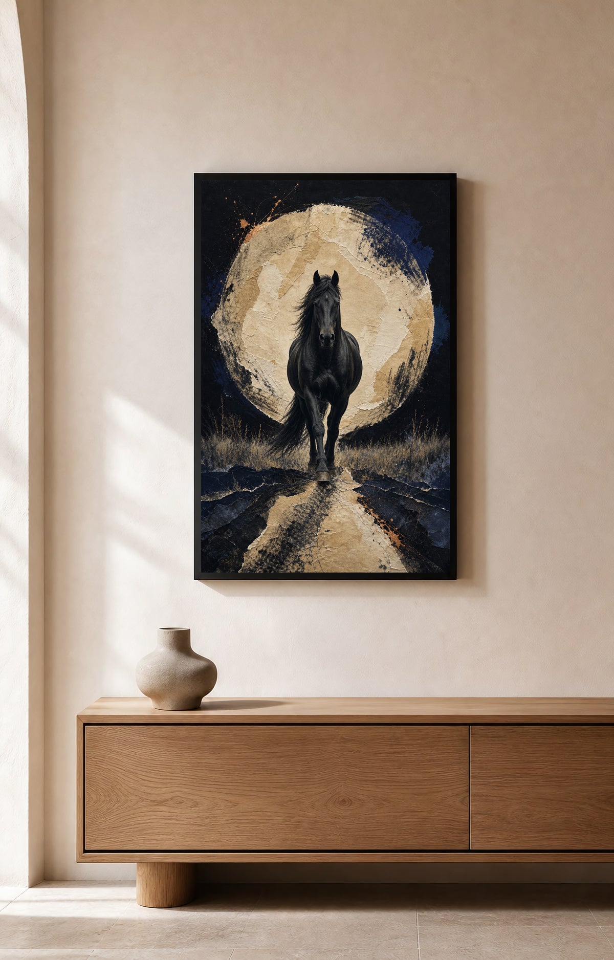 Night Horse, Paper Moon - Black Horse Art Print