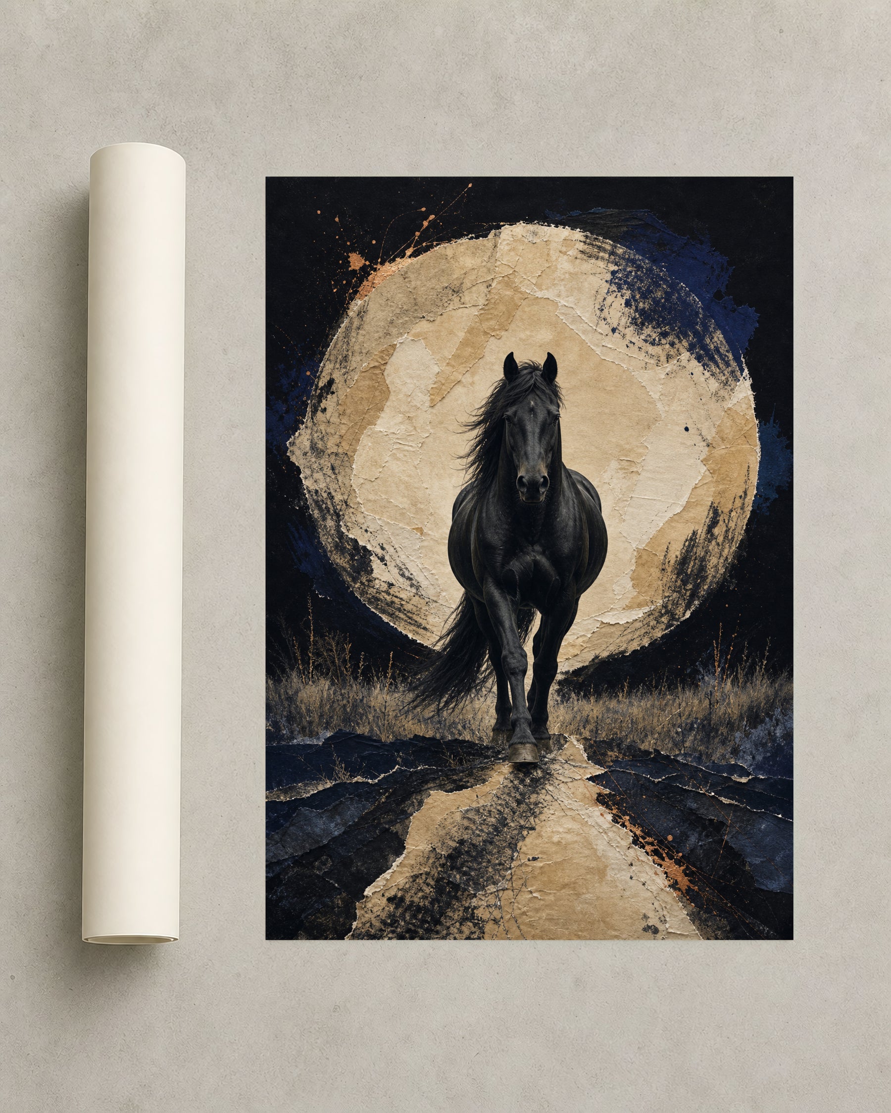 Night Horse, Paper Moon - Black Horse Art Print