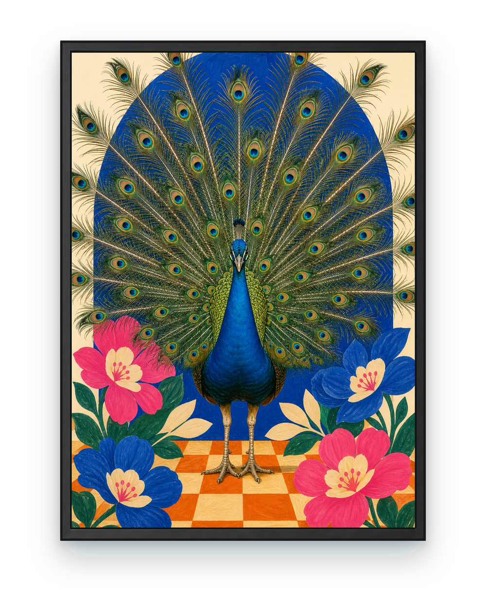 Peacock Holds Court bird wall art in a black frame.