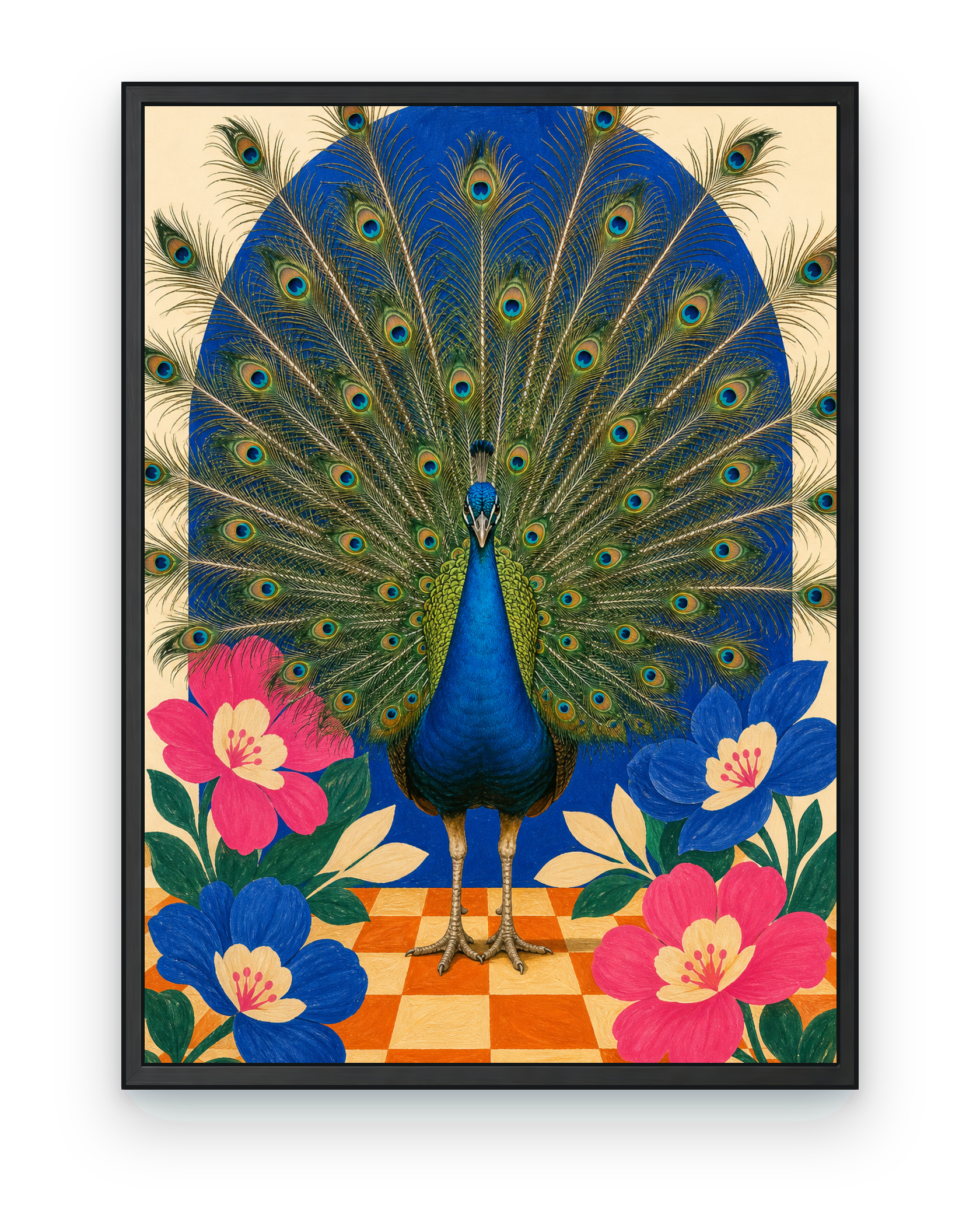 Peacock Holds Court bird wall art in a black frame.