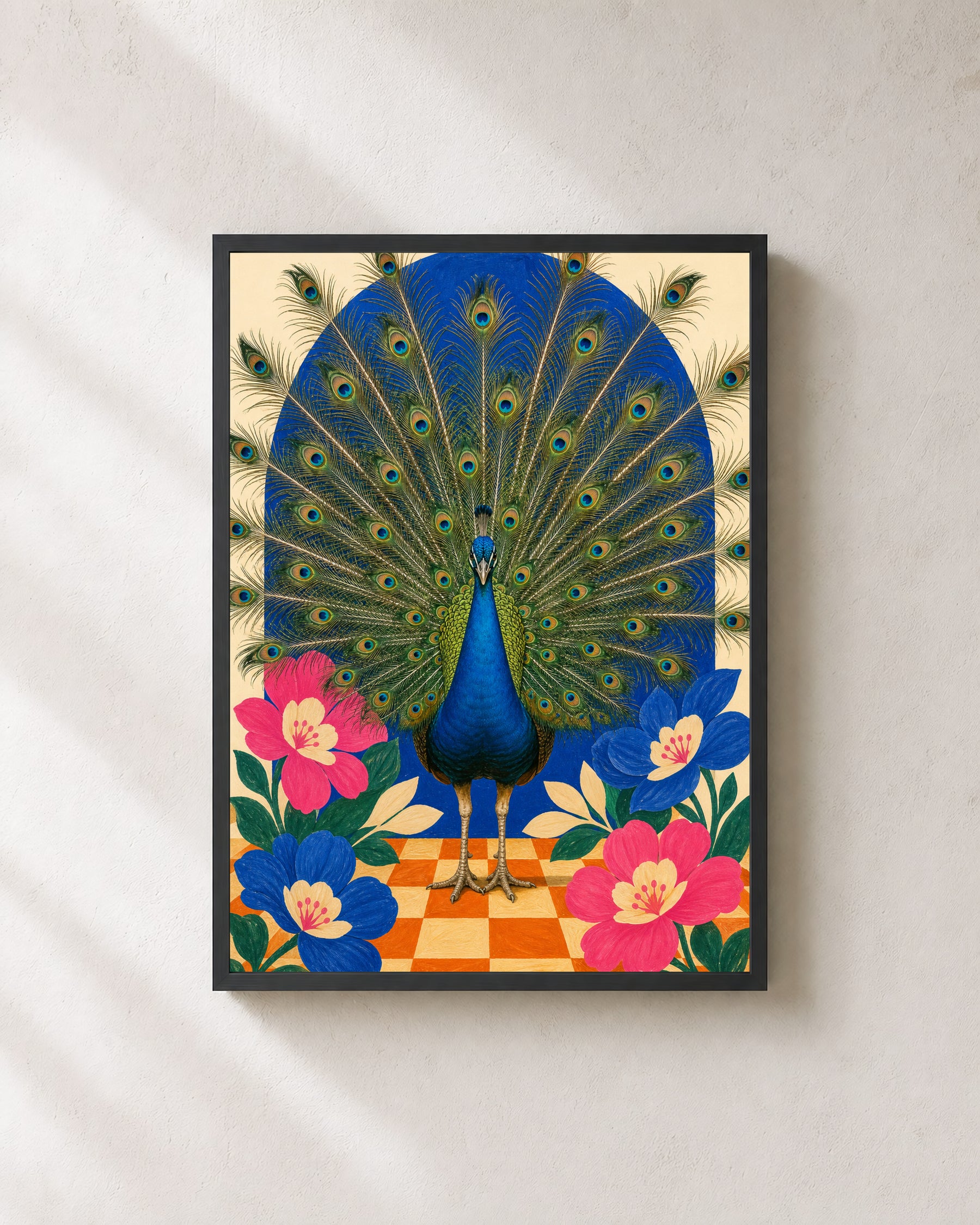 Peacock Holds Court bird wall art in a black frame.