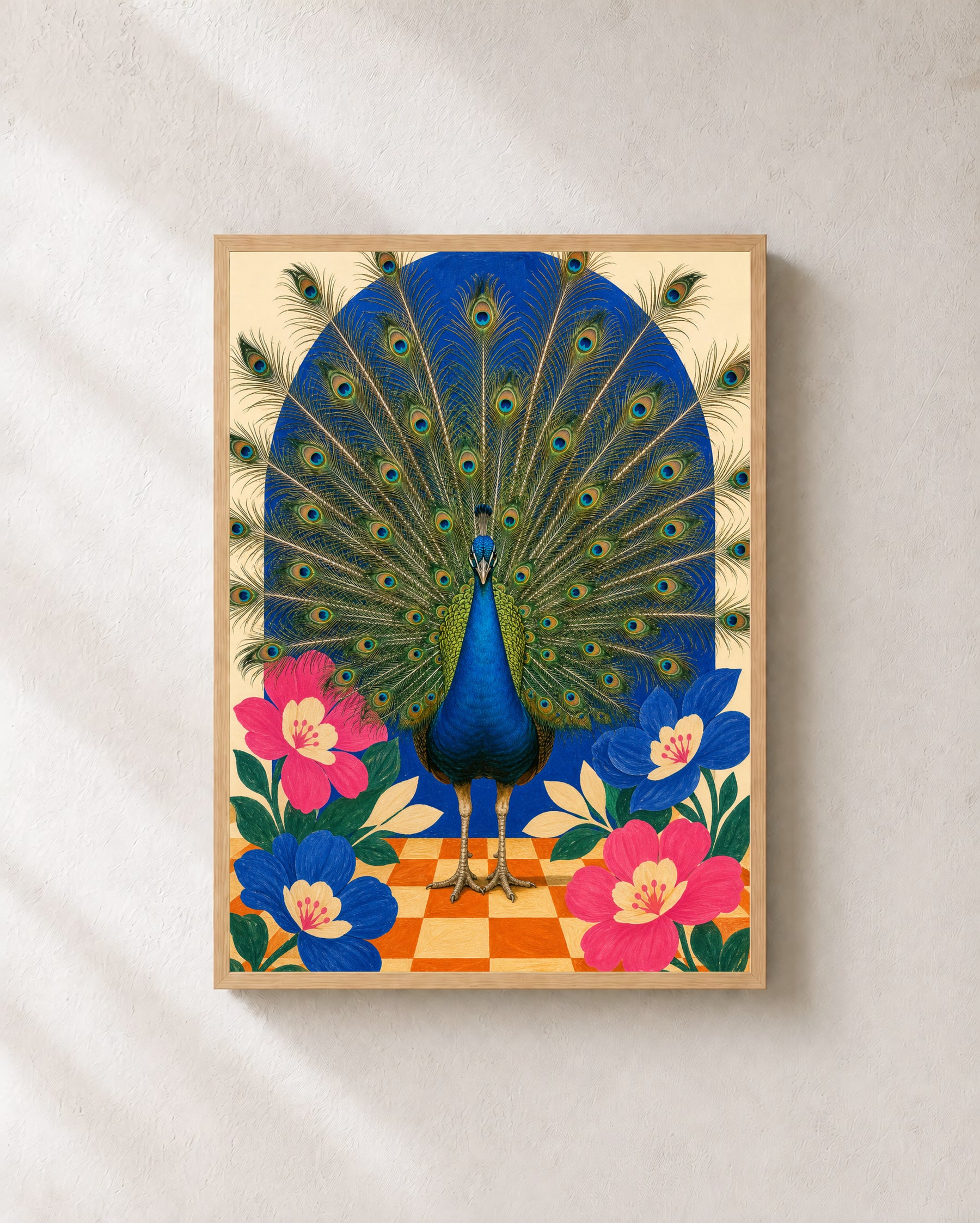 Peacock Holds Court bird wall art in a light oak frame.