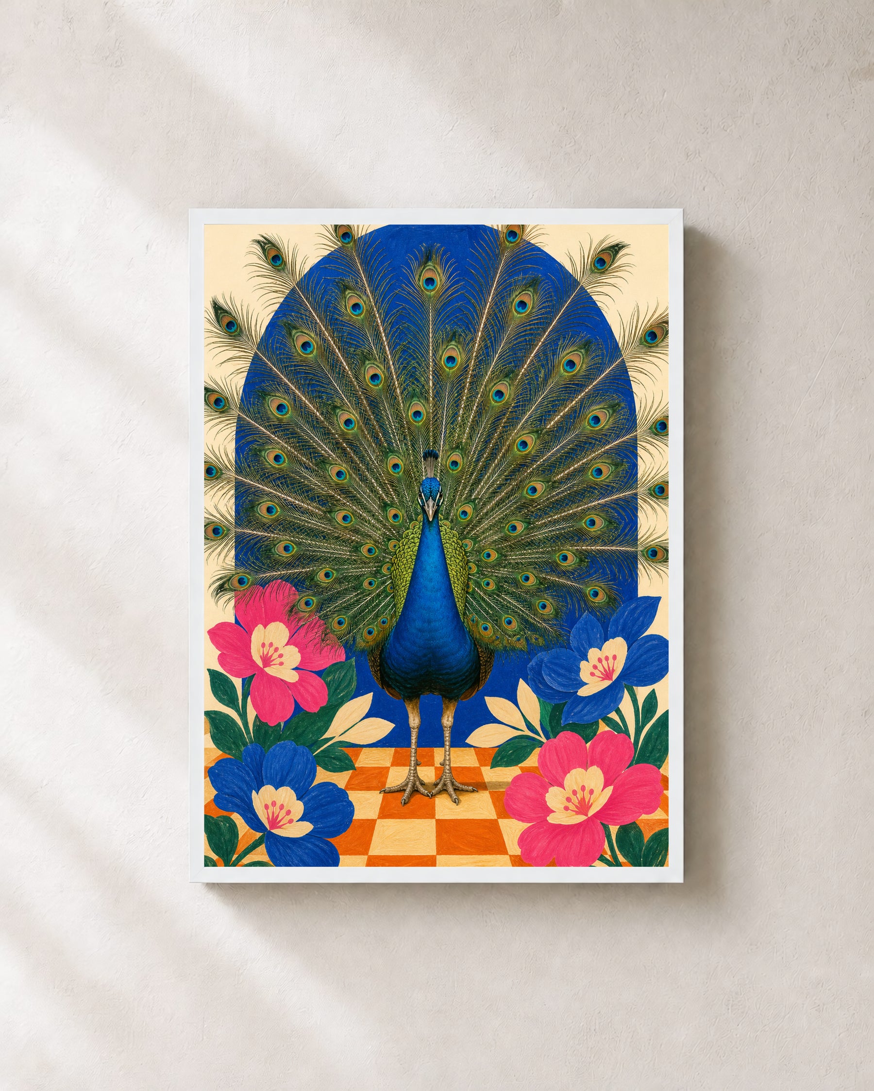 Peacock Holds Court bird wall art in a white frame.