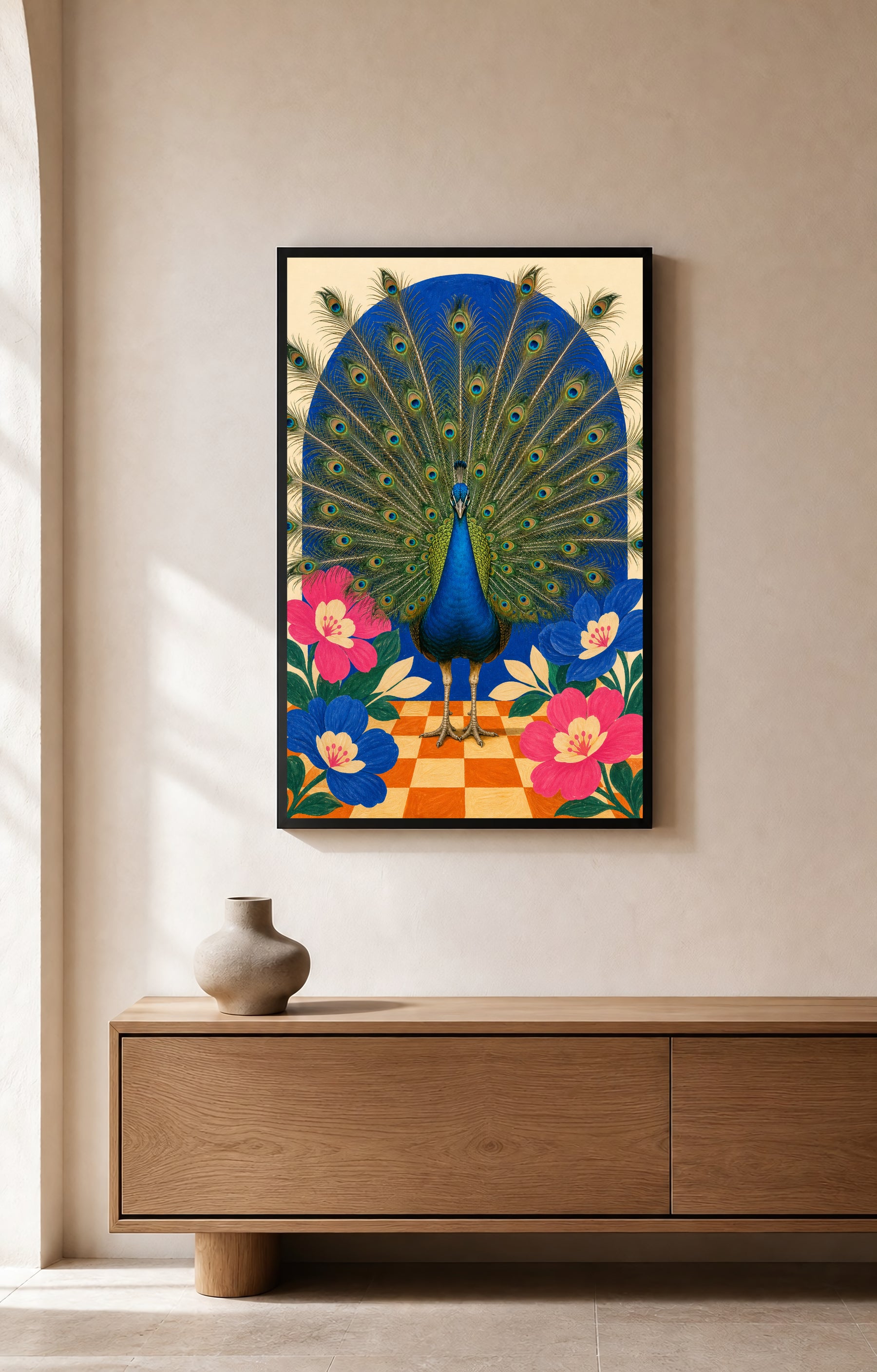 Peacock Holds Court bird wall art shown as a portrait room mockup.