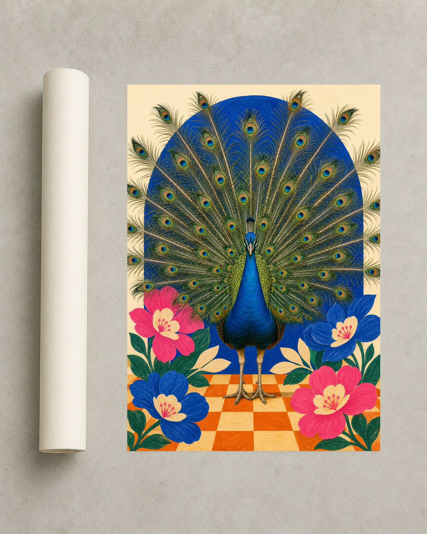 Peacock Holds Court bird art shown as a rolled print.