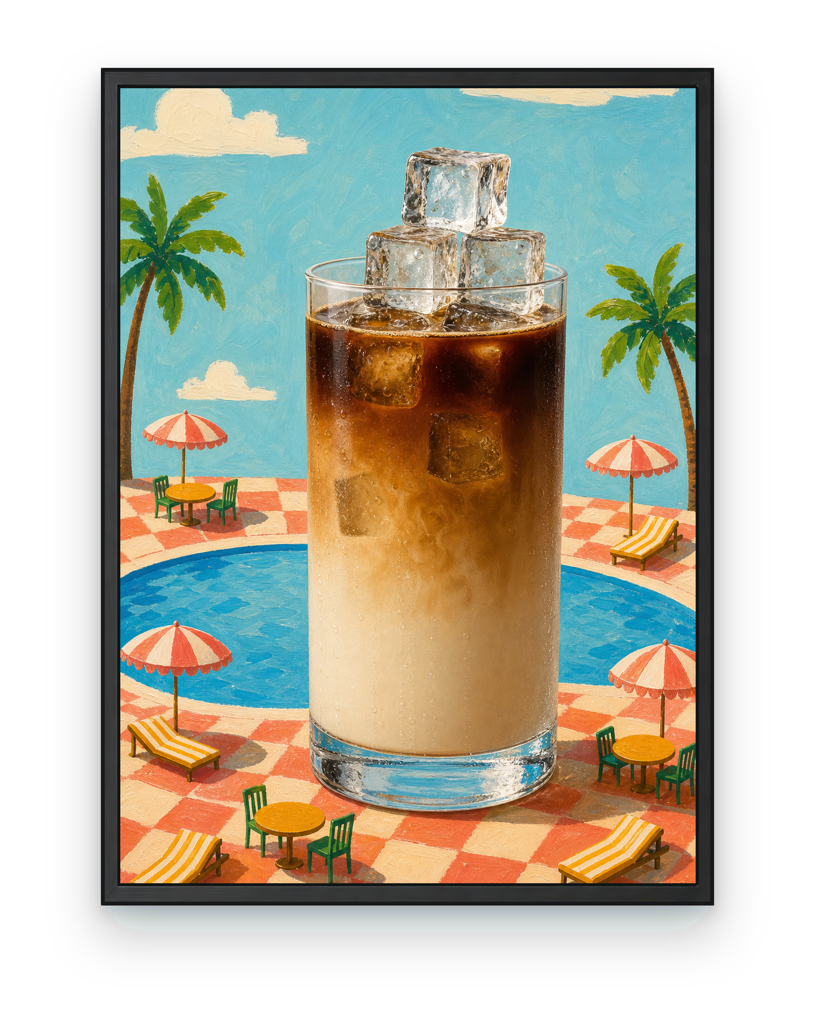 Poolside Cold Brew coffee wall art in a black frame.
