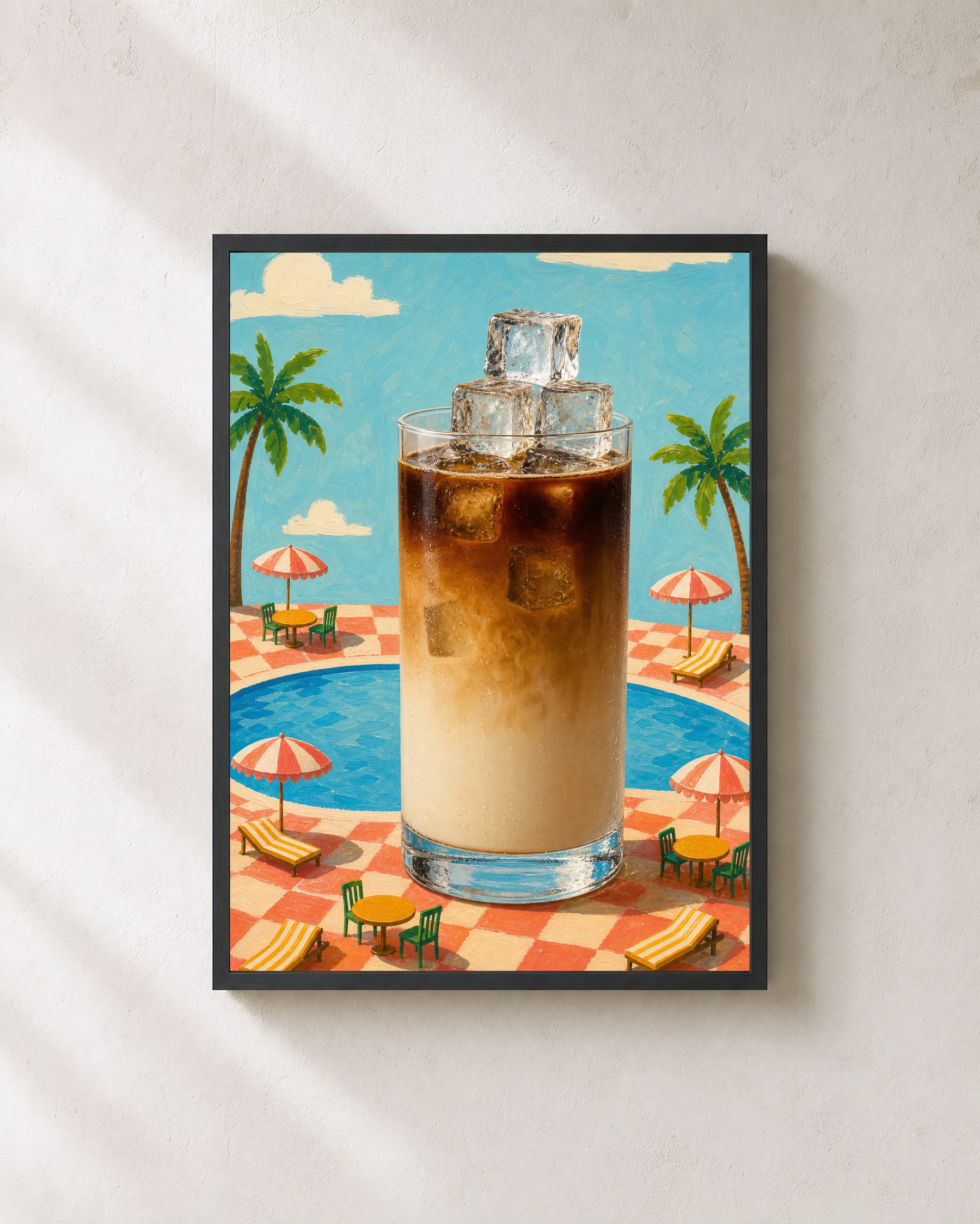 Poolside Cold Brew coffee wall art in a black frame.