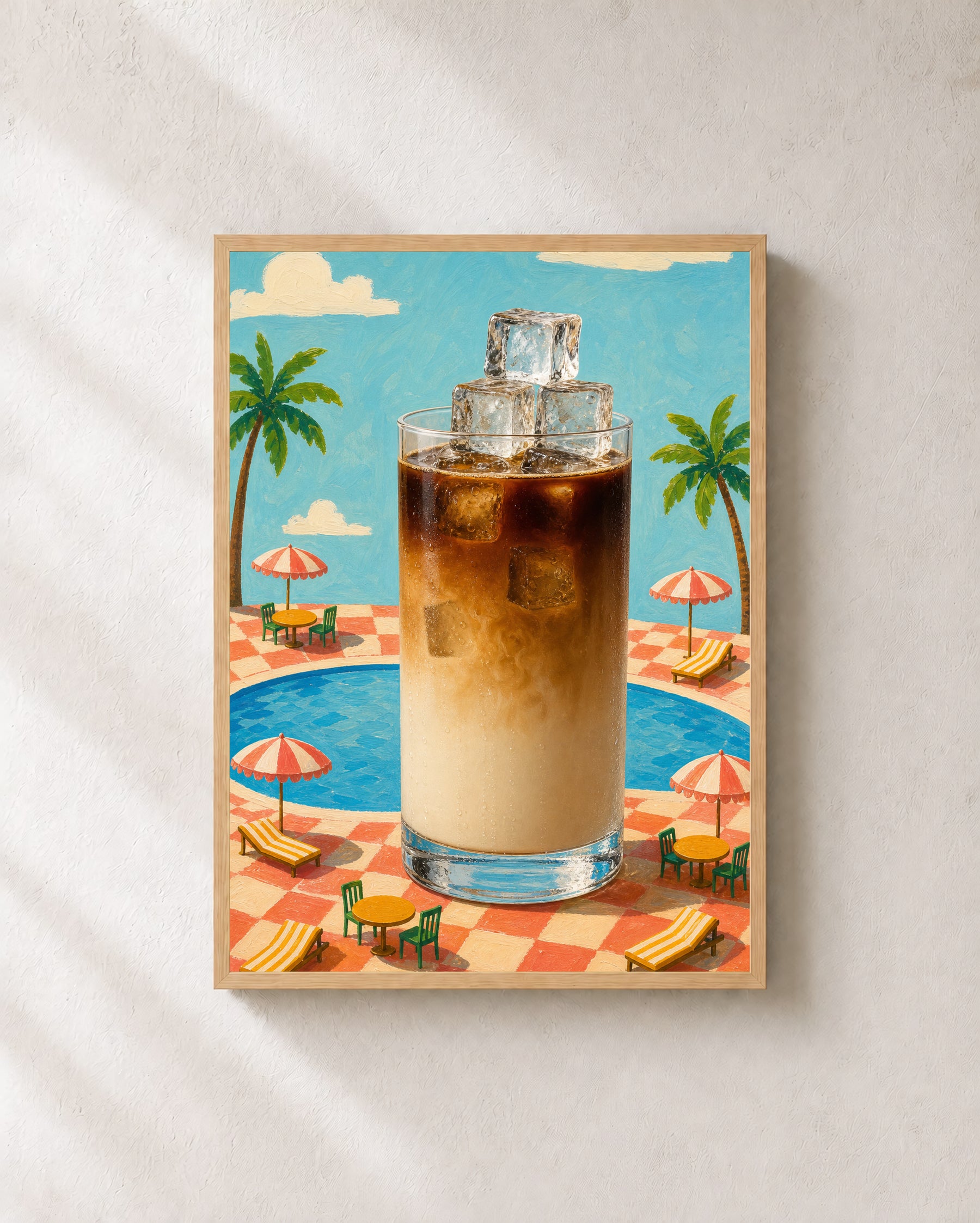 Poolside Cold Brew coffee wall art in a light oak frame.