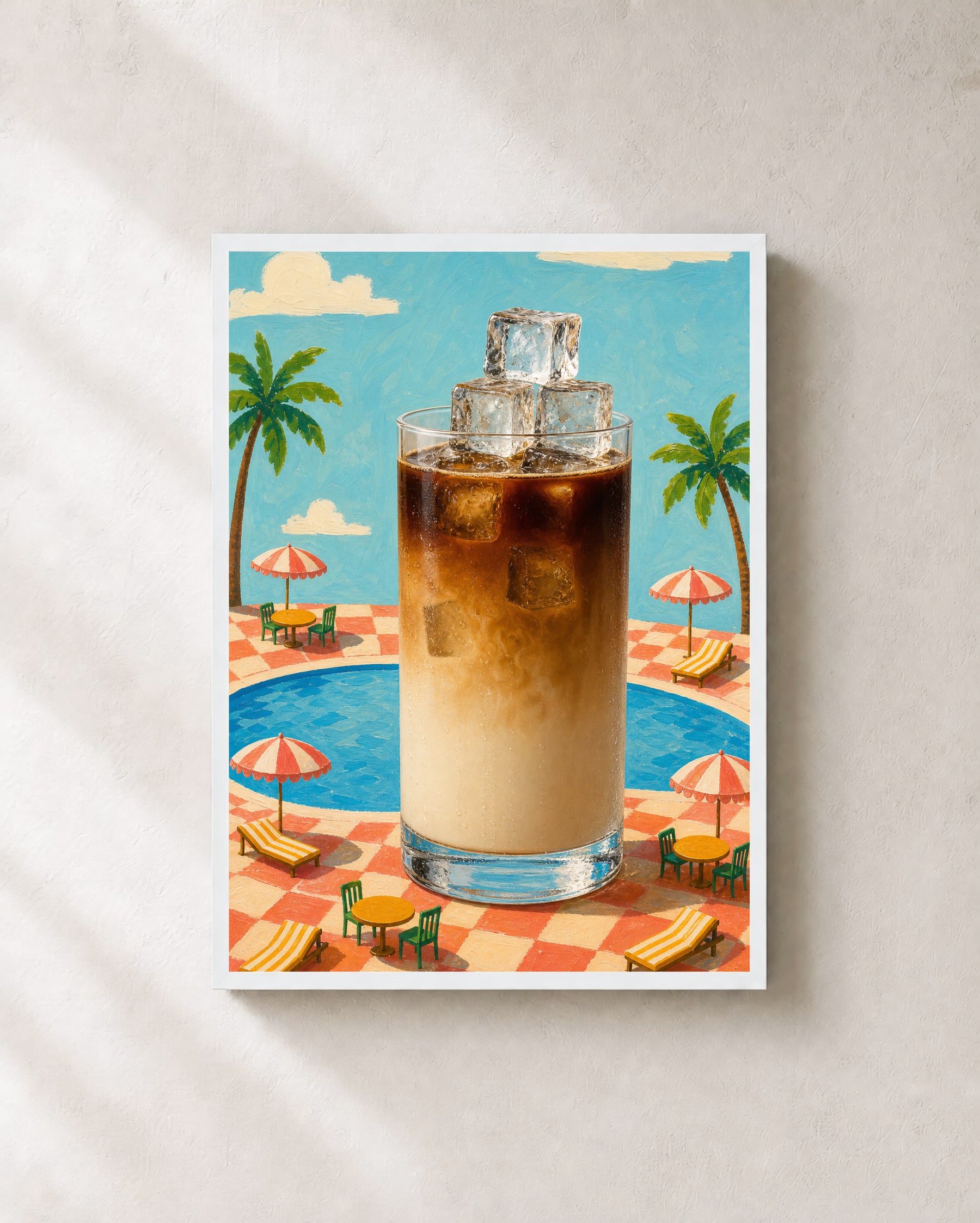 Poolside Cold Brew coffee wall art in a white frame.