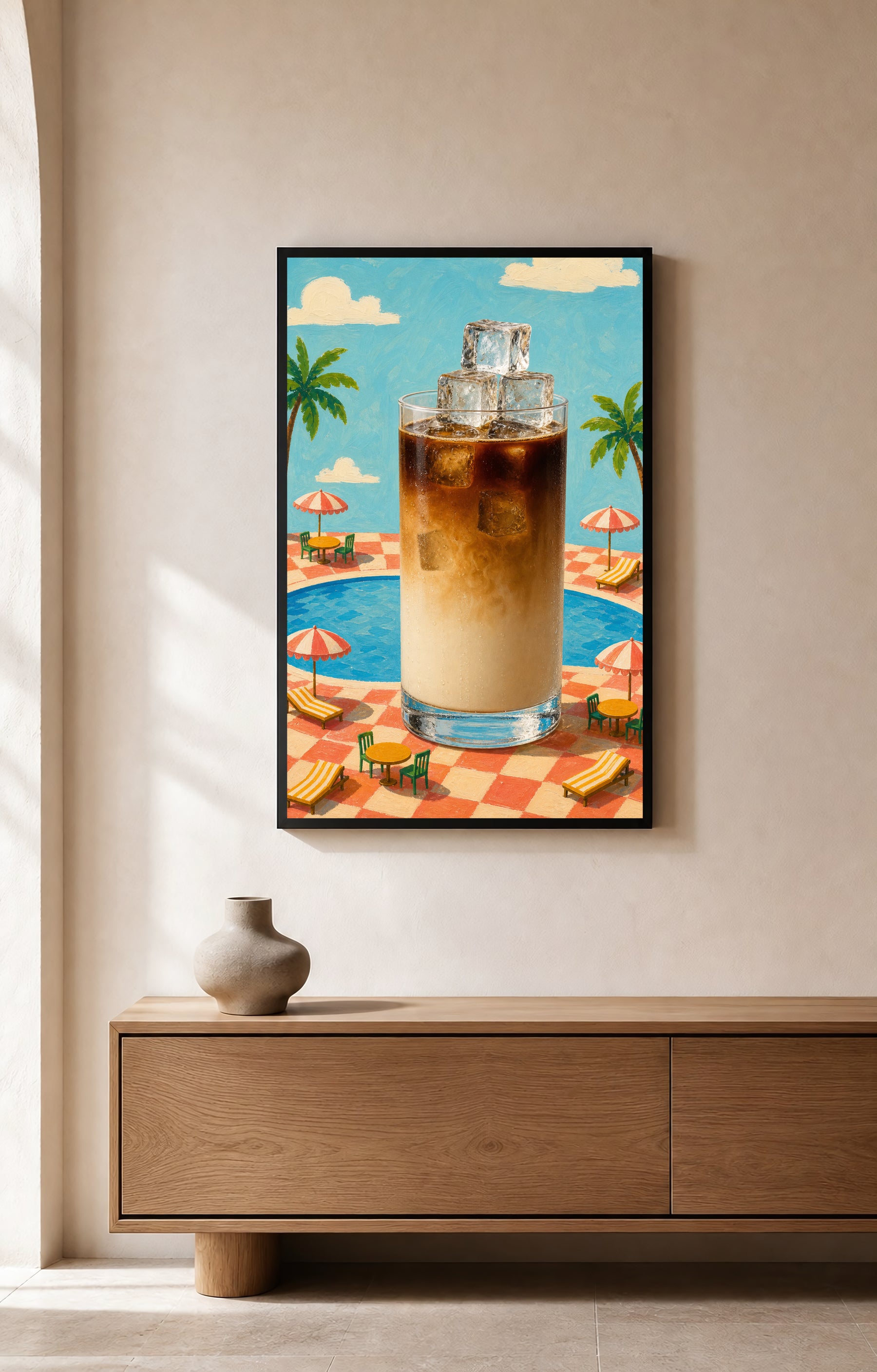 Poolside Cold Brew coffee wall art shown as a portrait room mockup.