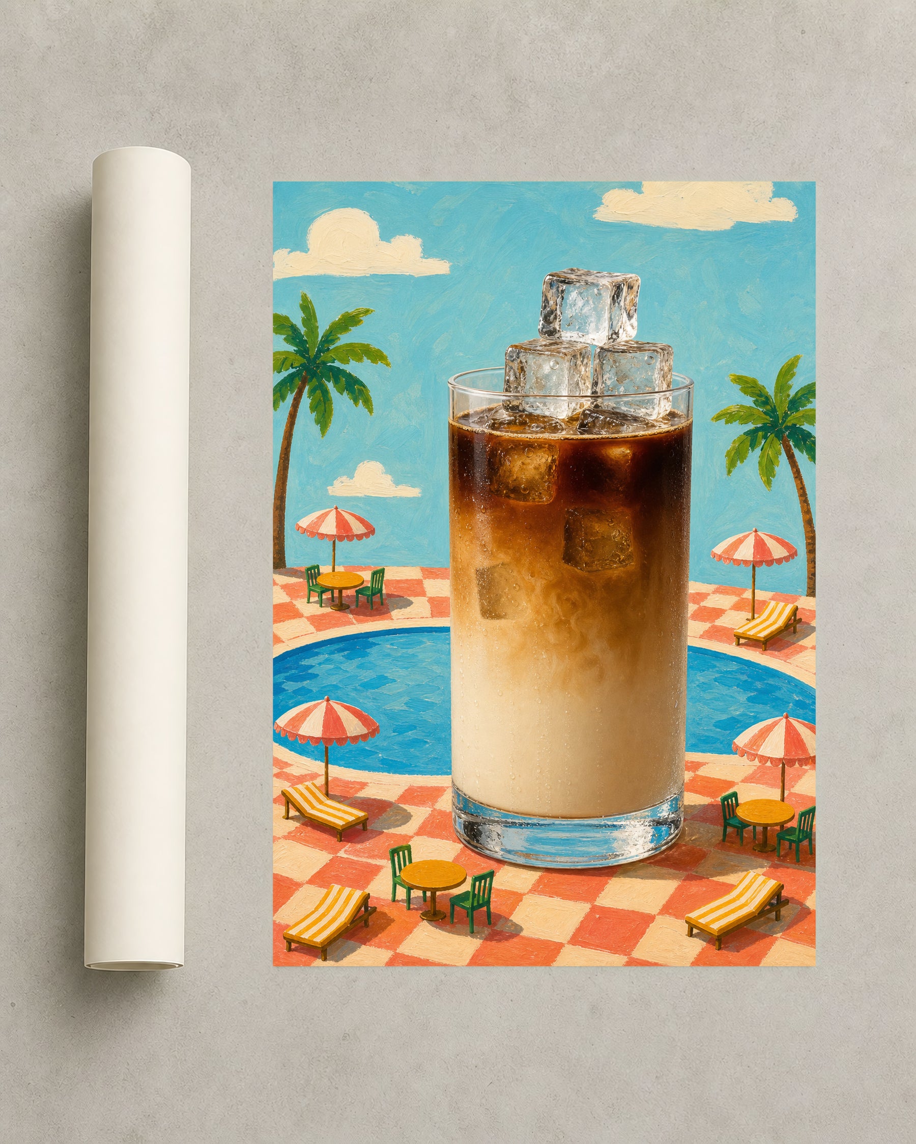 Poolside Cold Brew coffee art shown as a rolled print.