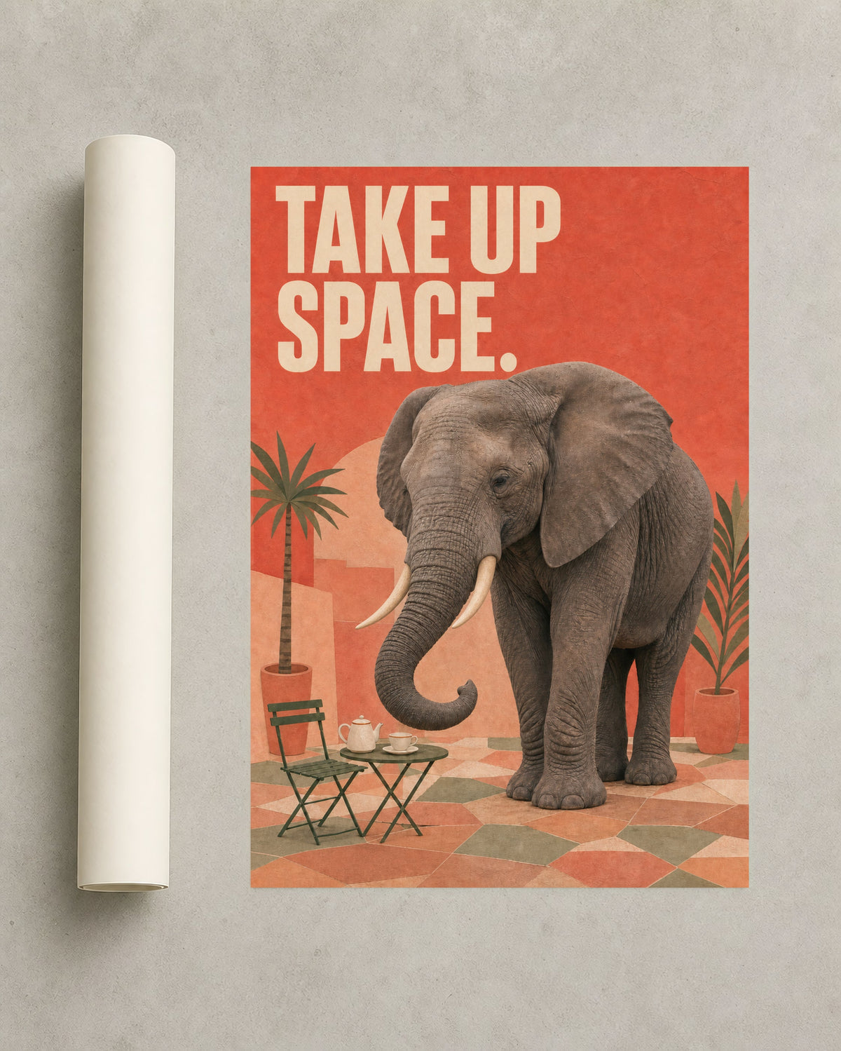 Take Up Space elephant art print with two ivory tusks displayed frameless beside a rolled print.