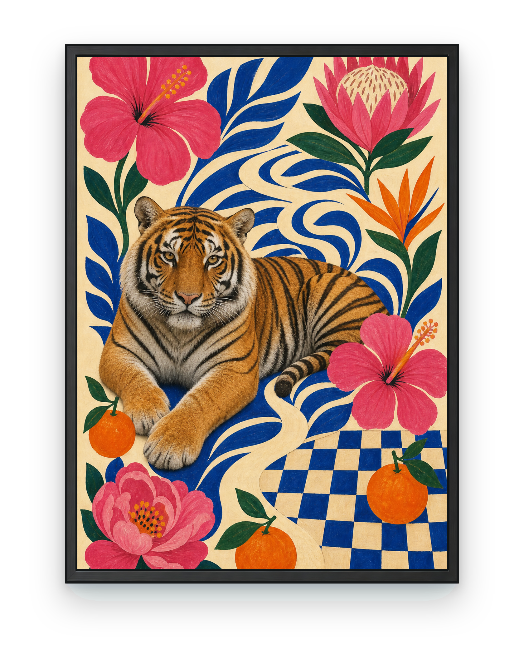 Tropical Tiger Garden - Tiger & Botanical Art Print - black frame on transparent background