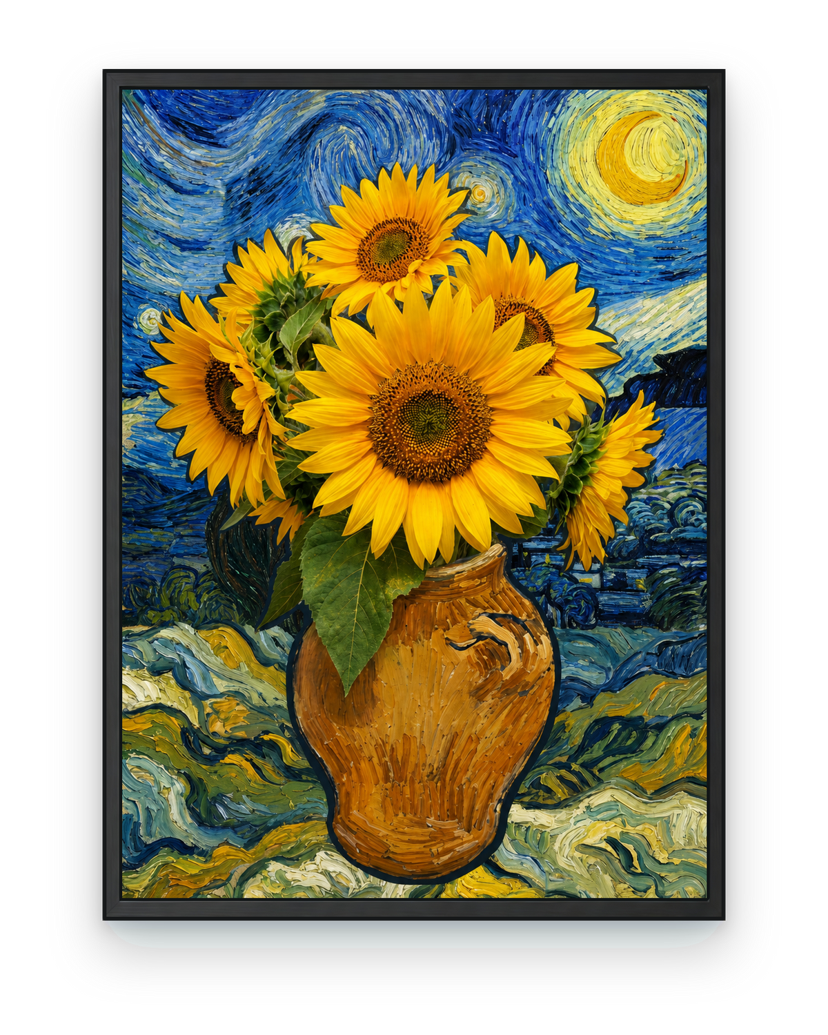Golden sunflowers in a brown earthen vase, shown in a black frame
