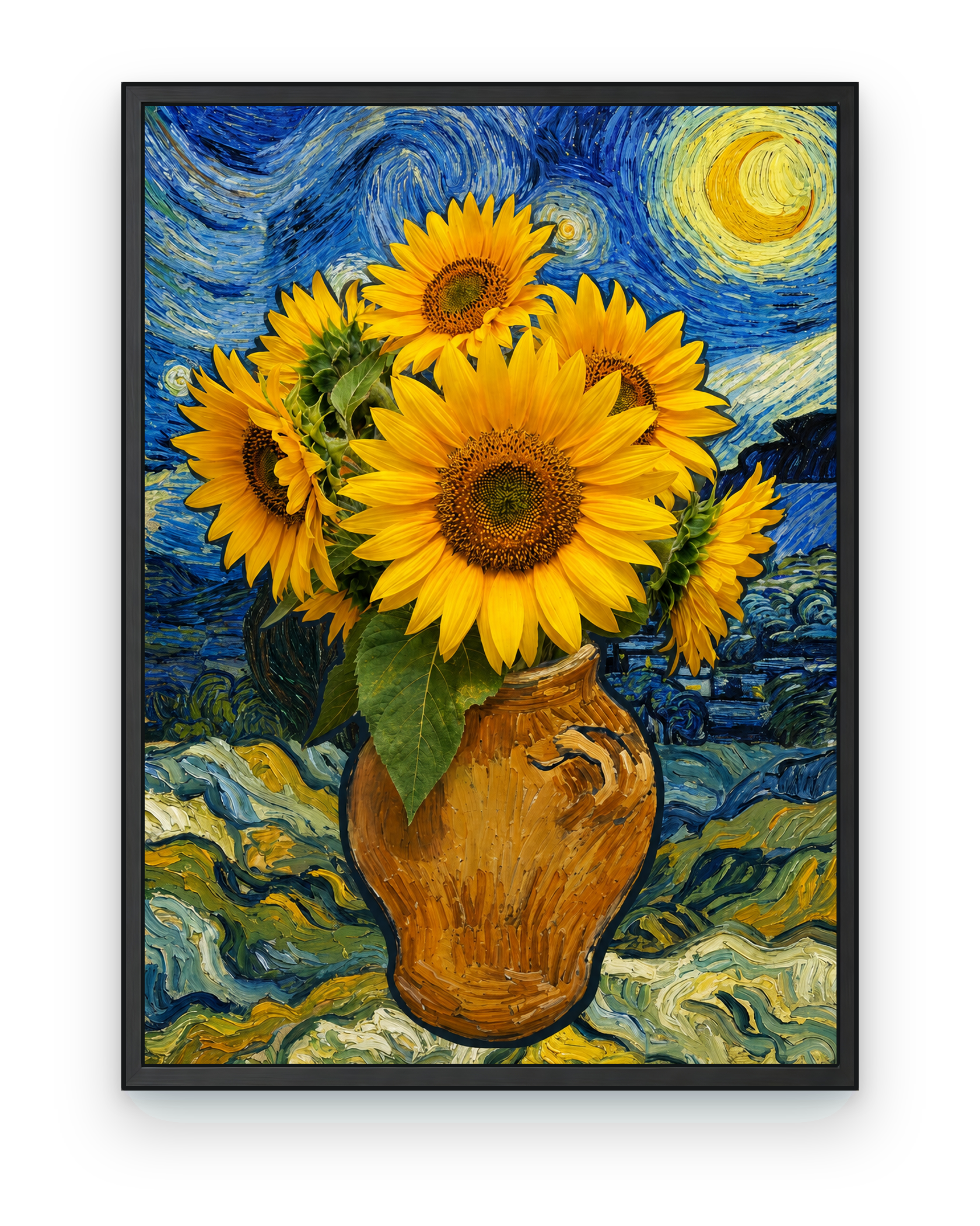 Golden sunflowers in a brown earthen vase, shown in a black frame