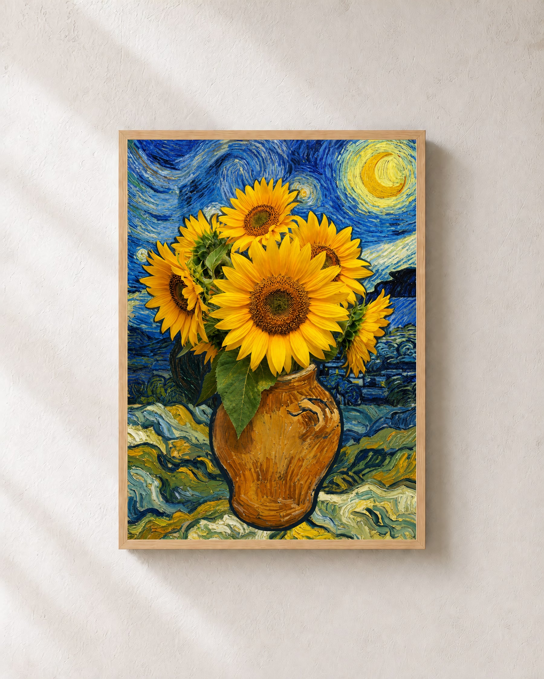Classic Sunflower Vase art print with light oak frame