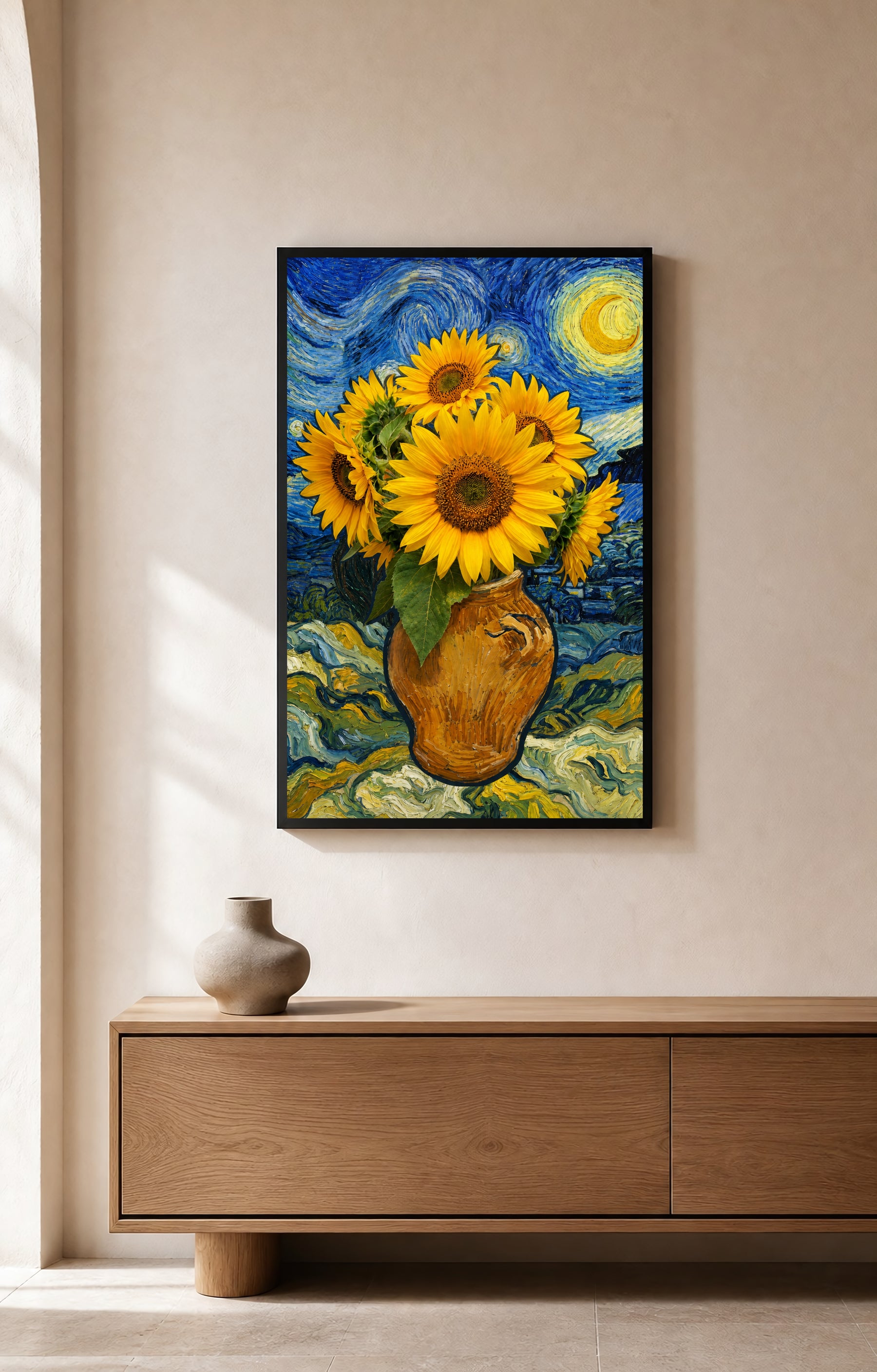 Classic Sunflower Vase art print displayed in a bright interior