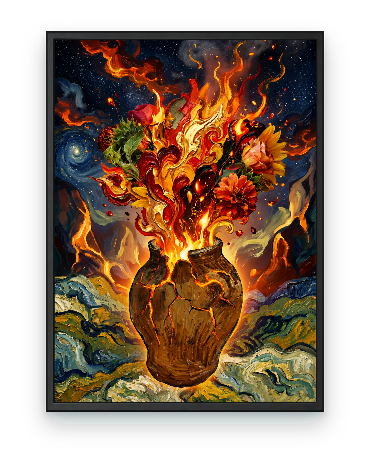Fiery floral bouquet rising from a cracked vase, shown in a black frame
