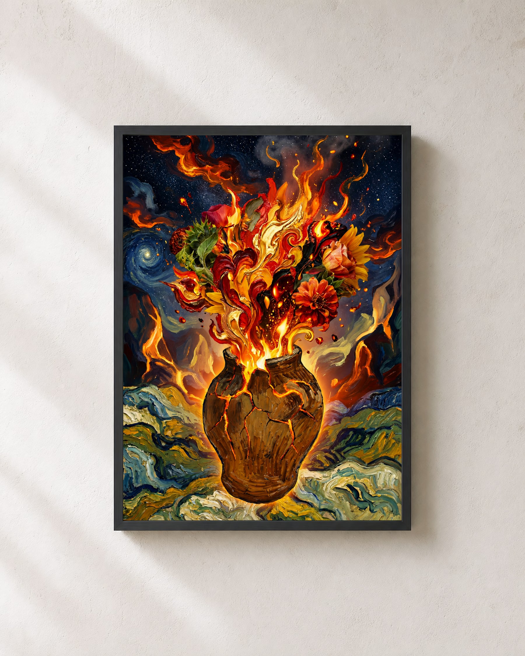 Fiery Floral Explosion art print with black frame