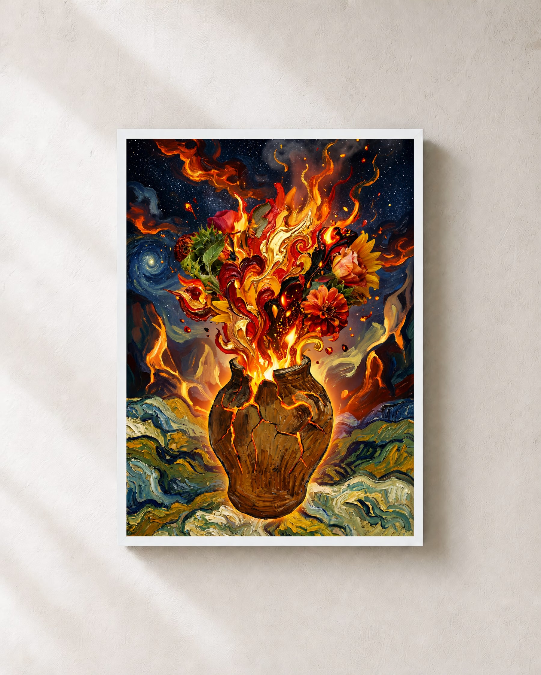 Fiery Floral Explosion art print with white frame
