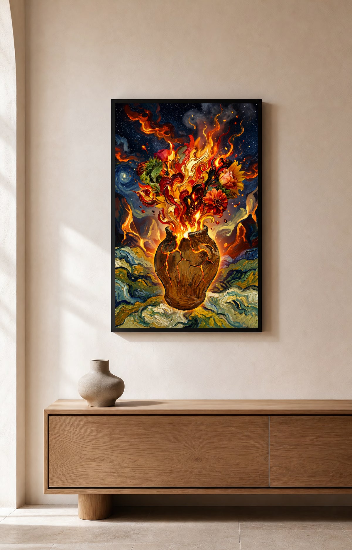 Fiery Floral Explosion art print displayed in a bright interior