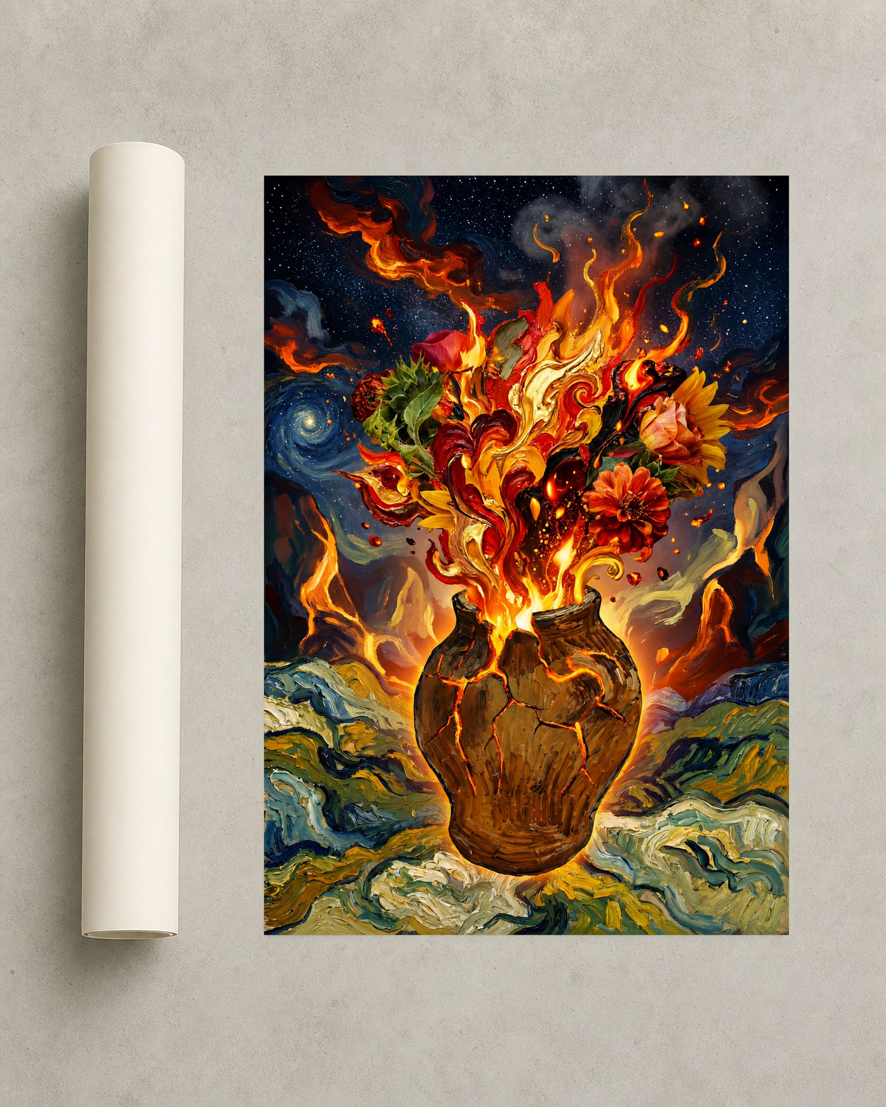 Fiery Floral Explosion frameless art print presentation